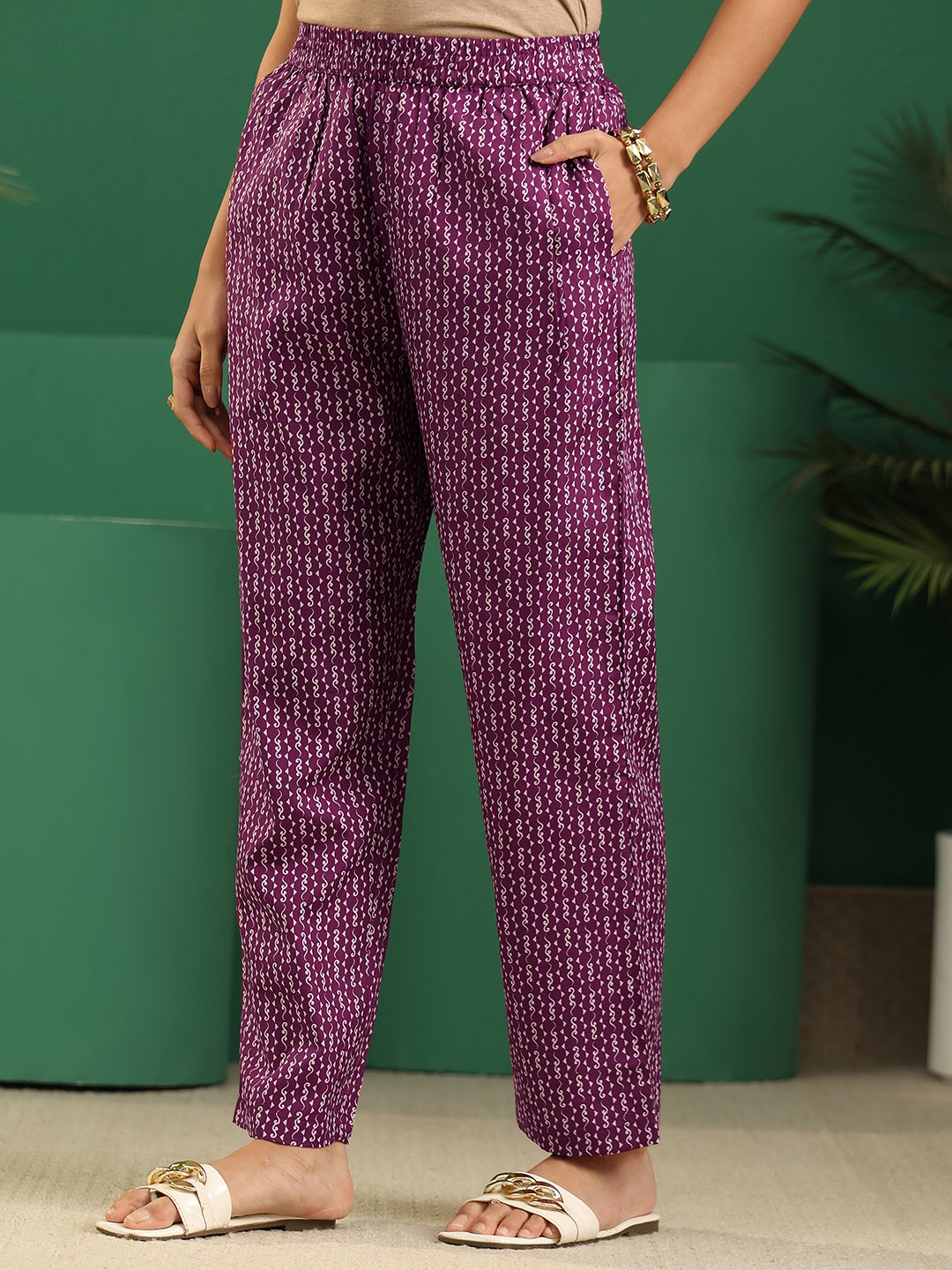 Purple Printed Kurta Set with Straight Pants and Dupatta