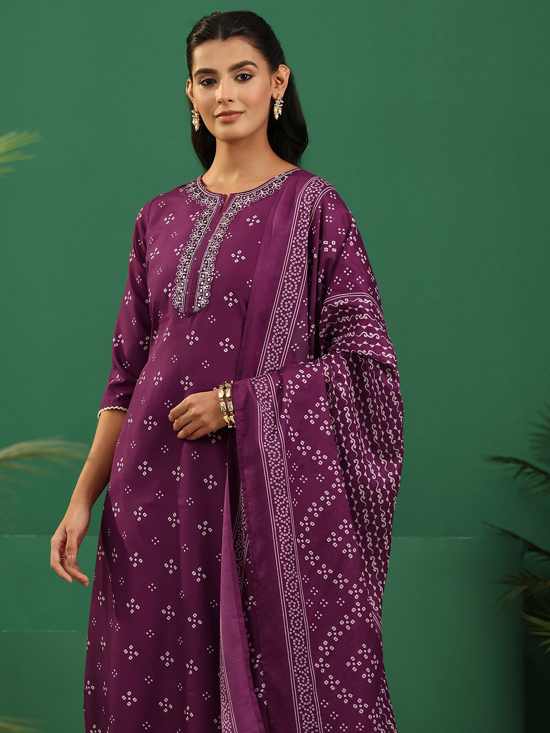 Purple Printed Kurta Set with Straight Pants and Dupatta