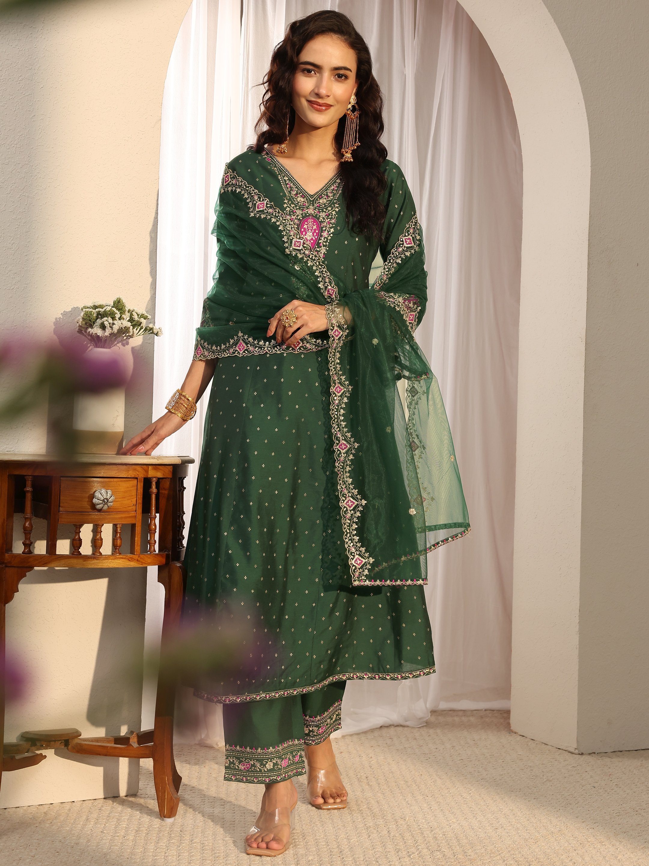 Emerald Green Embroidered Anarkali Kurta Set with Dupatta