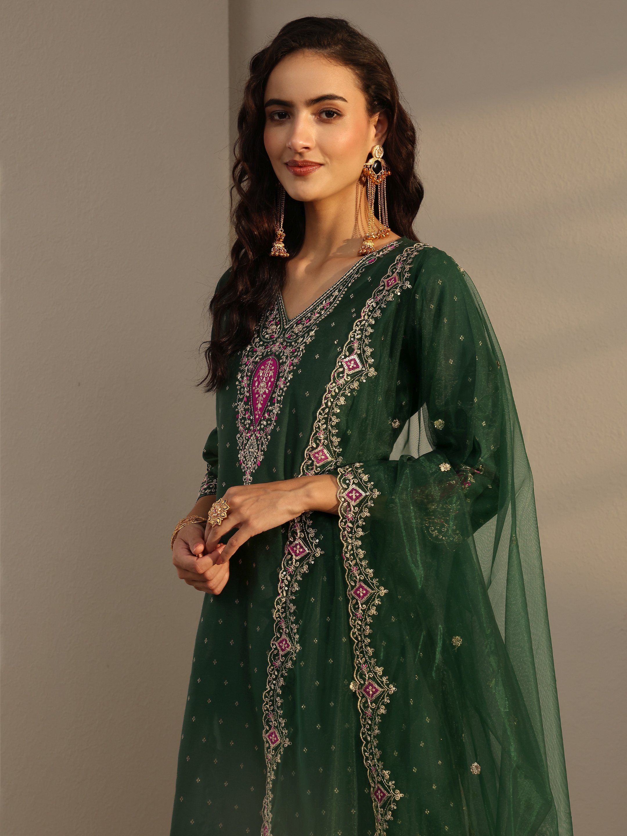Emerald Green Embroidered Anarkali Kurta Set with Dupatta