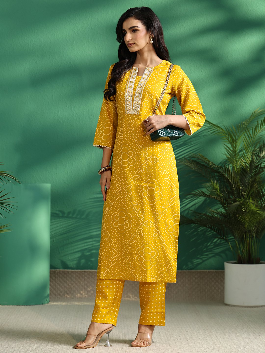 Mustard Bandhani Print Notch Neck Kurta Set with Straight Pants
