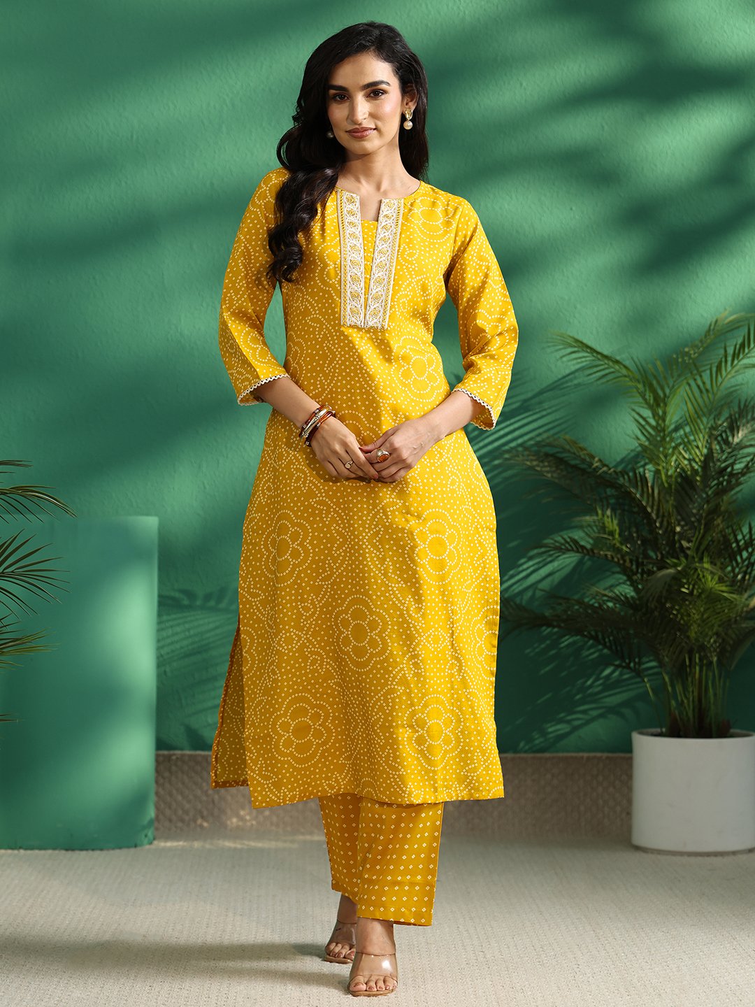 Mustard Bandhani Print Notch Neck Kurta Set with Straight Pants