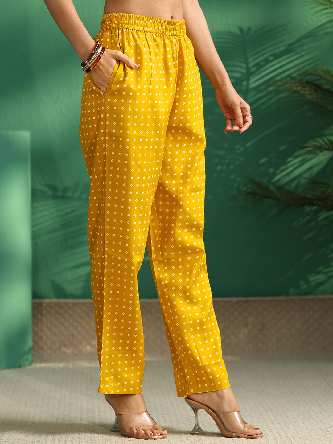 Mustard Bandhani Print Notch Neck Kurta Set with Straight Pants