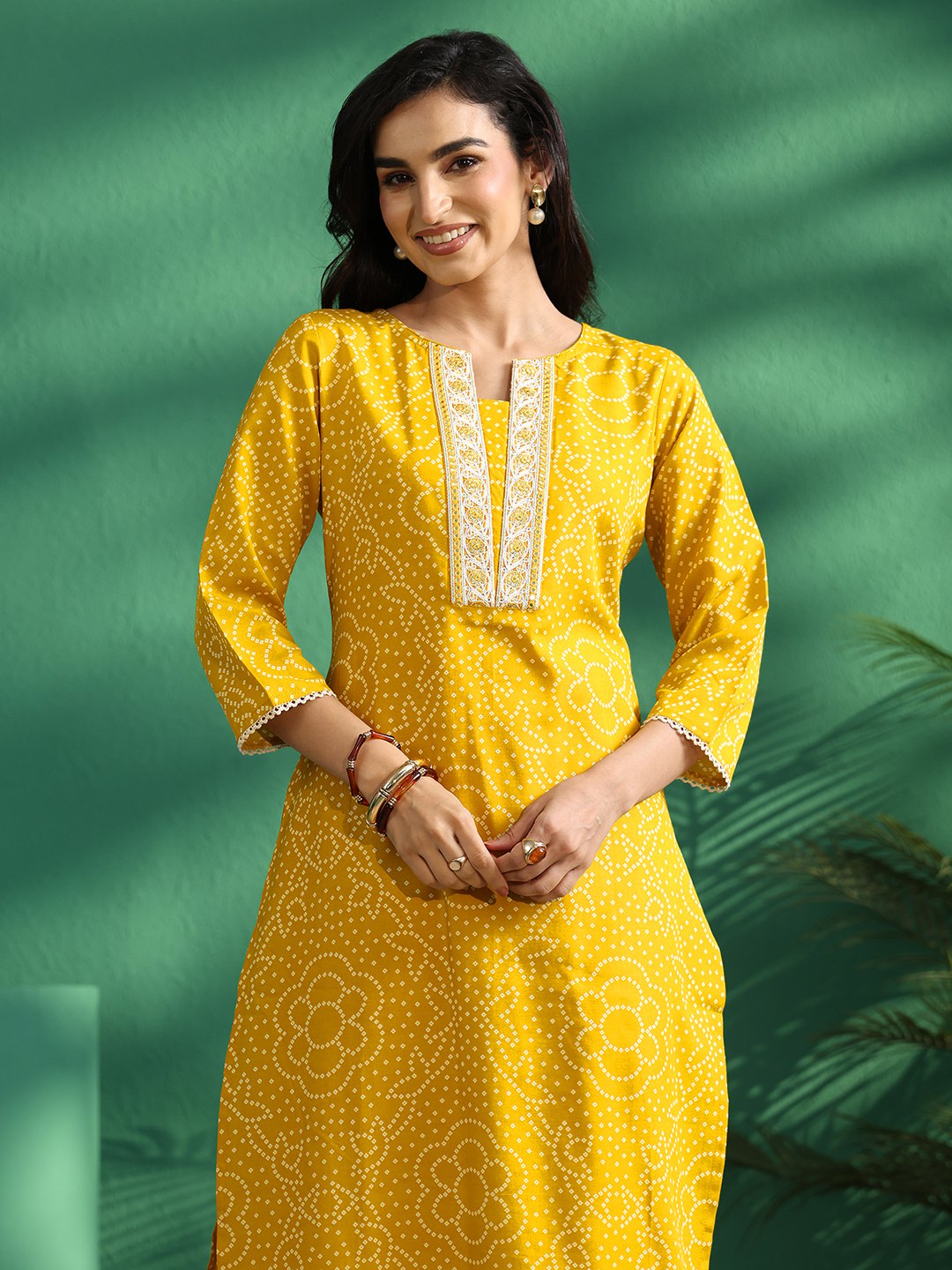 Mustard Bandhani Print Notch Neck Kurta Set with Straight Pants