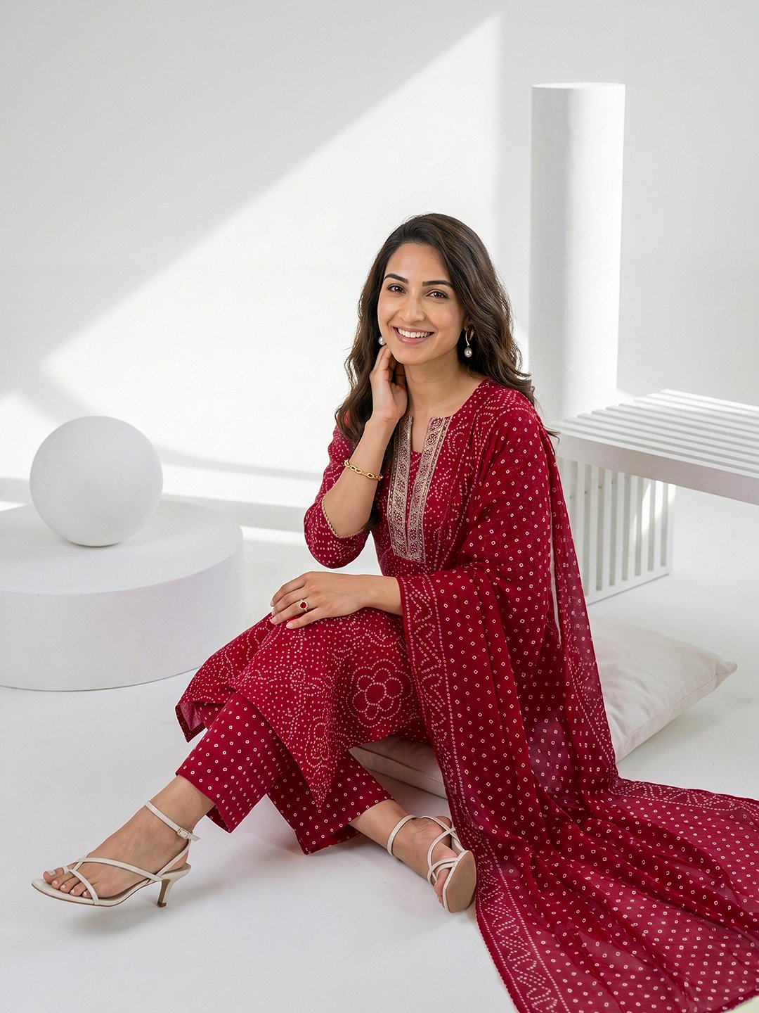 Maroon Bandhani Printed Kurta Pants Dupatta Set Straight Fit