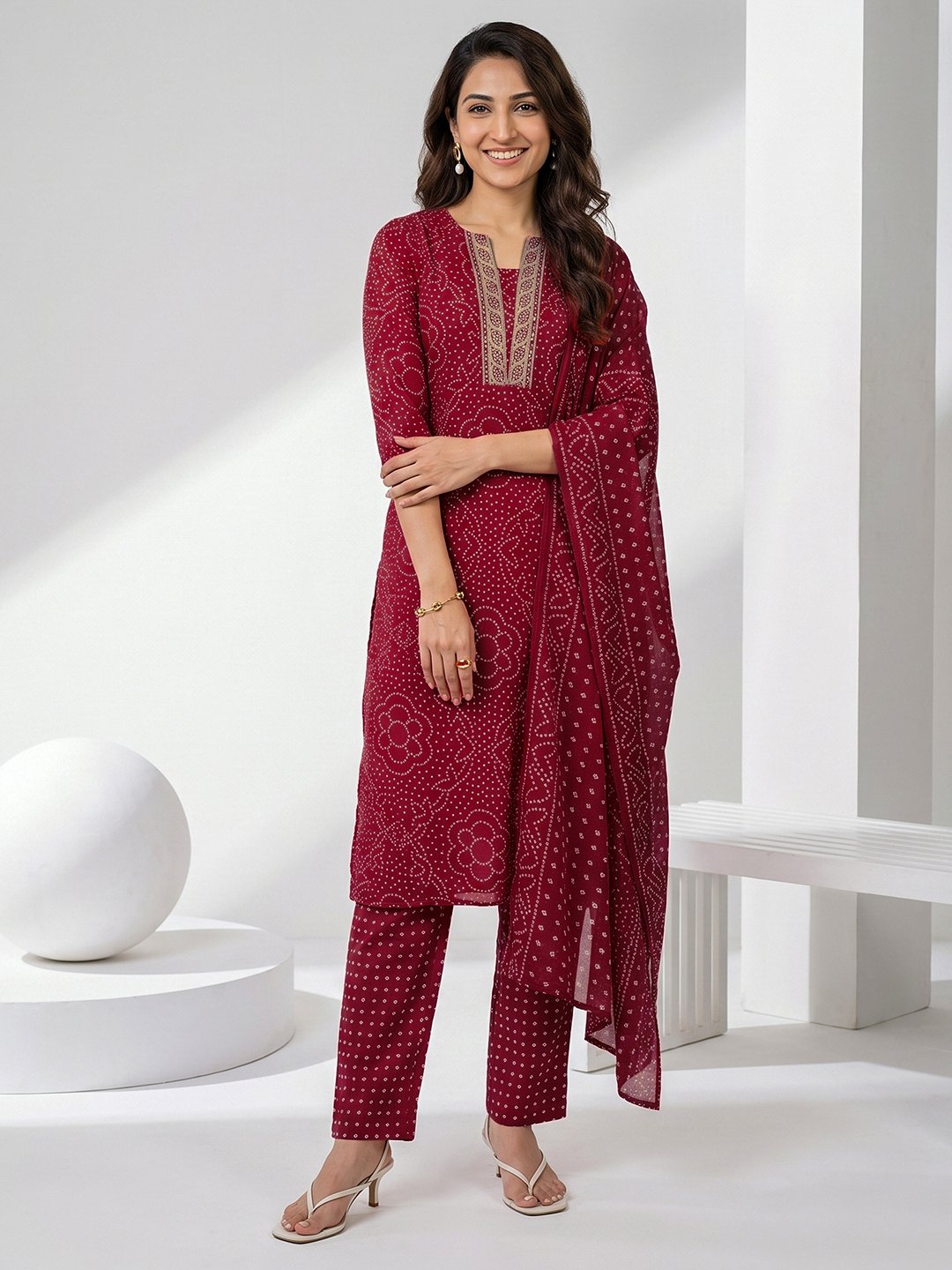 Maroon Bandhani Printed Kurta Pants Dupatta Set Straight Fit