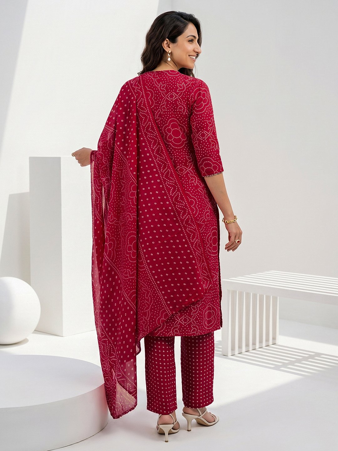 Maroon Bandhani Printed Kurta Pants Dupatta Set Straight Fit