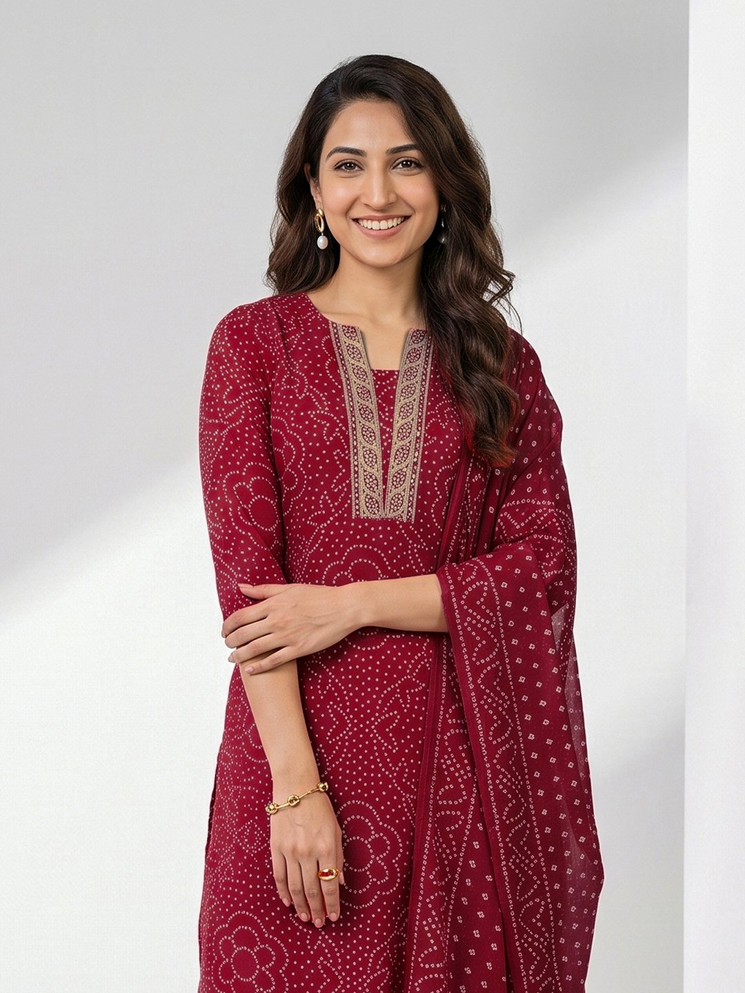 Maroon Bandhani Printed Kurta Pants Dupatta Set Straight Fit
