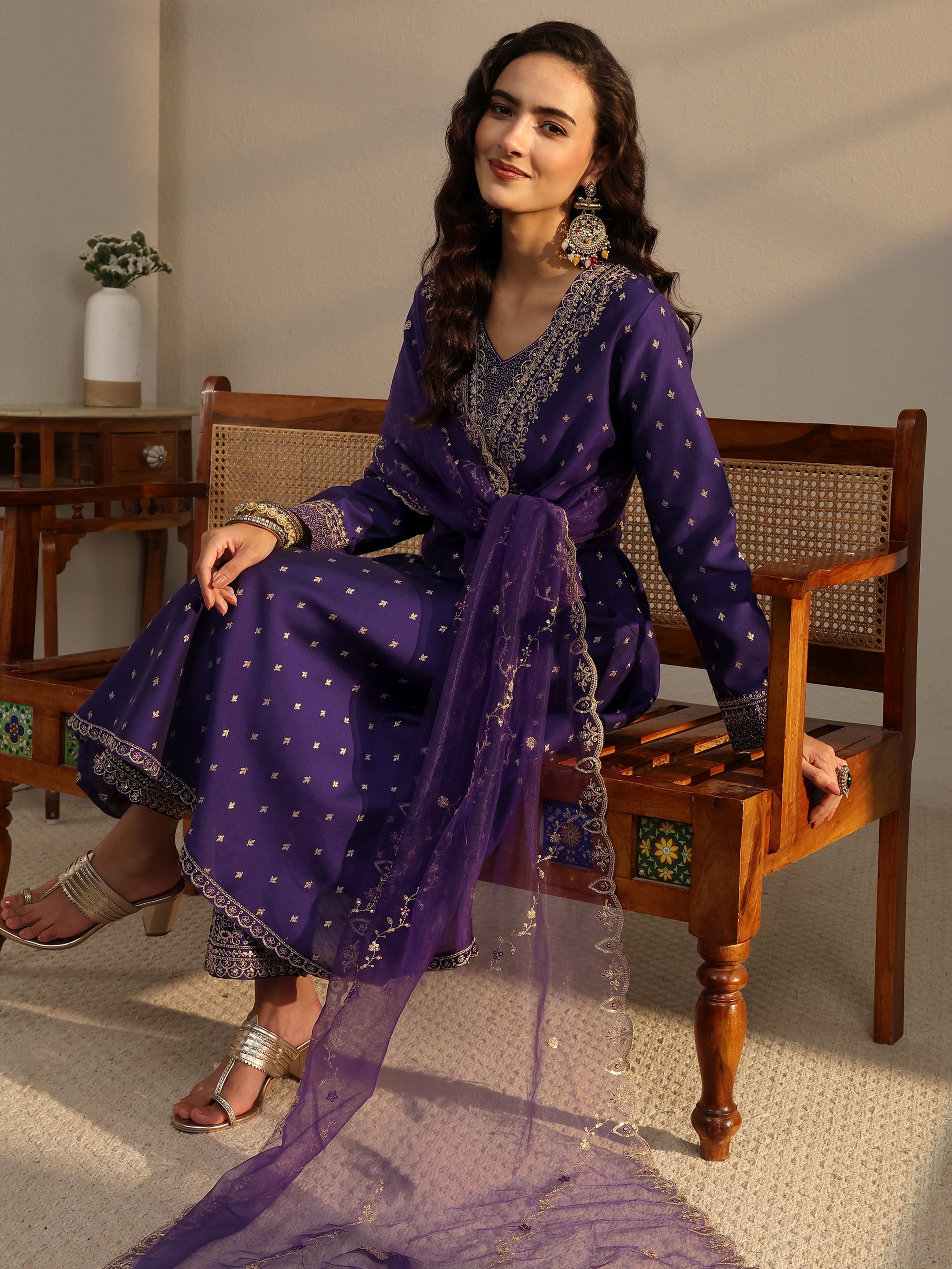 Regal Purple Silk Blend A-Line Kurta Set with Woven Design and Dupatta