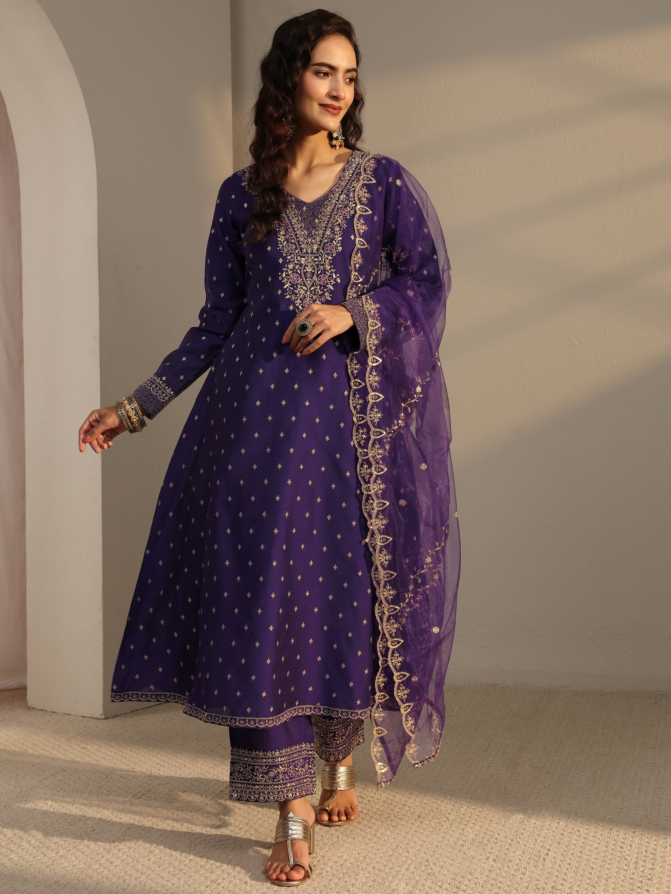 Regal Purple Silk Blend A-Line Kurta Set with Woven Design and Dupatta