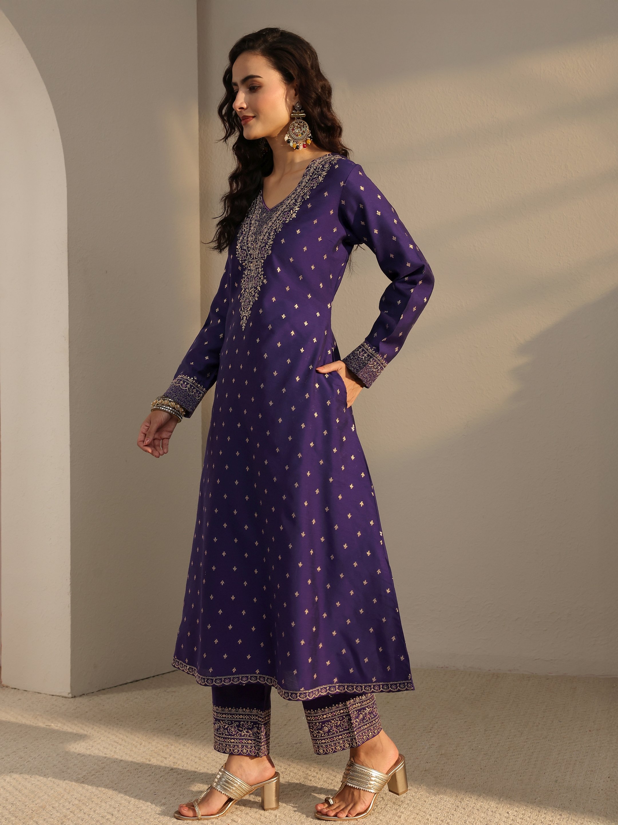 Regal Purple Silk Blend A-Line Kurta Set with Woven Design and Dupatta