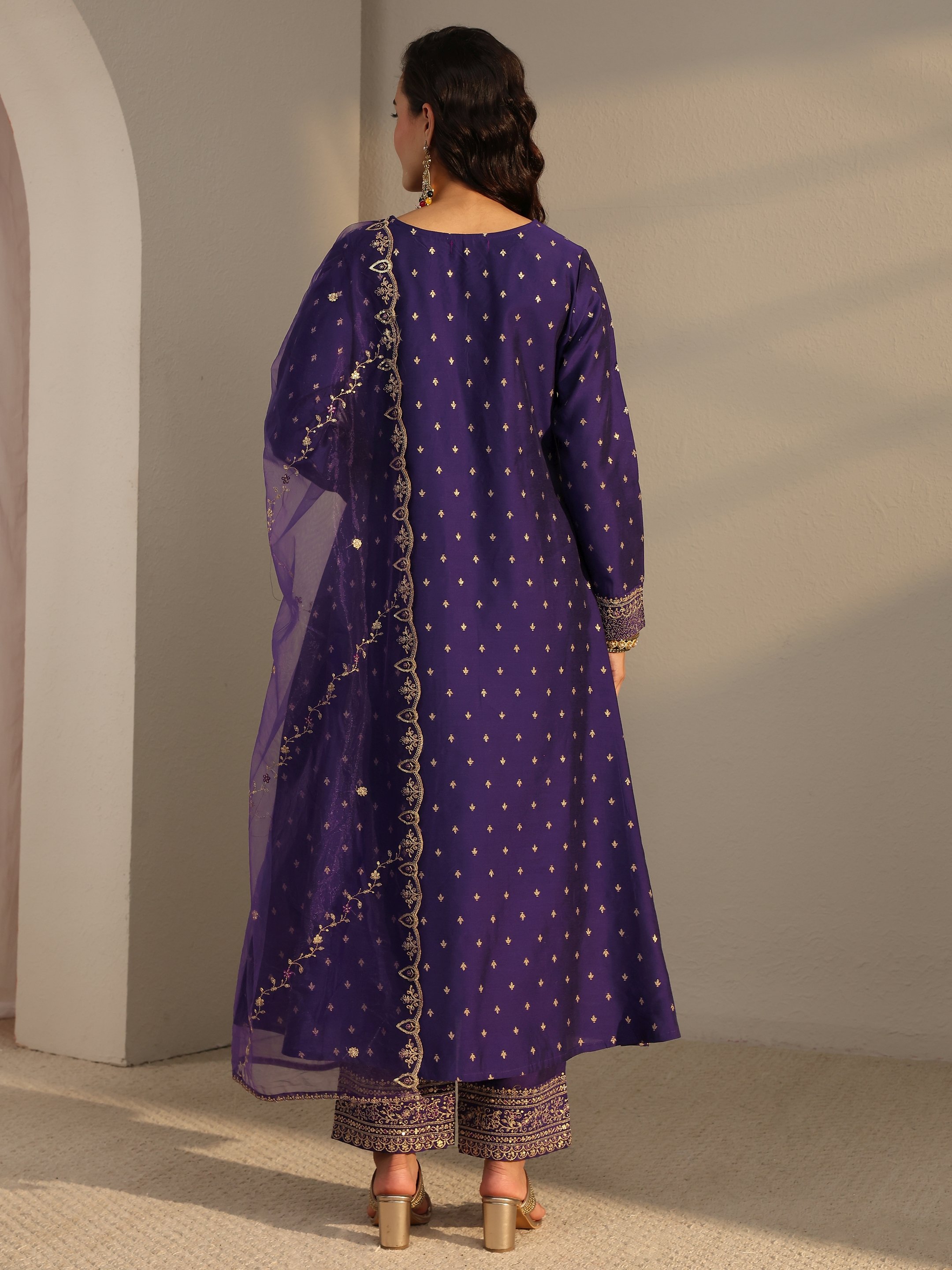 Regal Purple Silk Blend A-Line Kurta Set with Woven Design and Dupatta