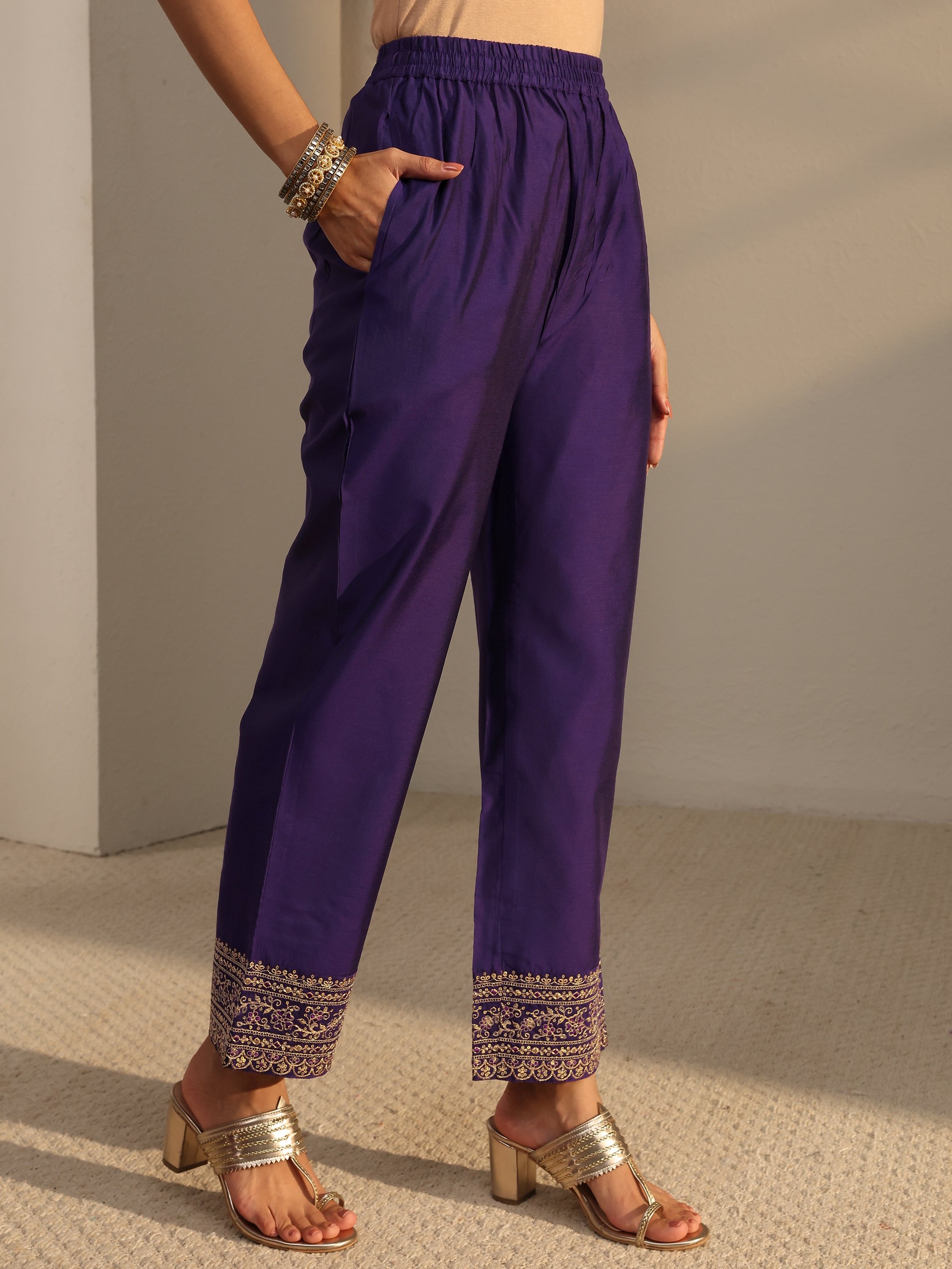 Regal Purple Silk Blend A-Line Kurta Set with Woven Design and Dupatta