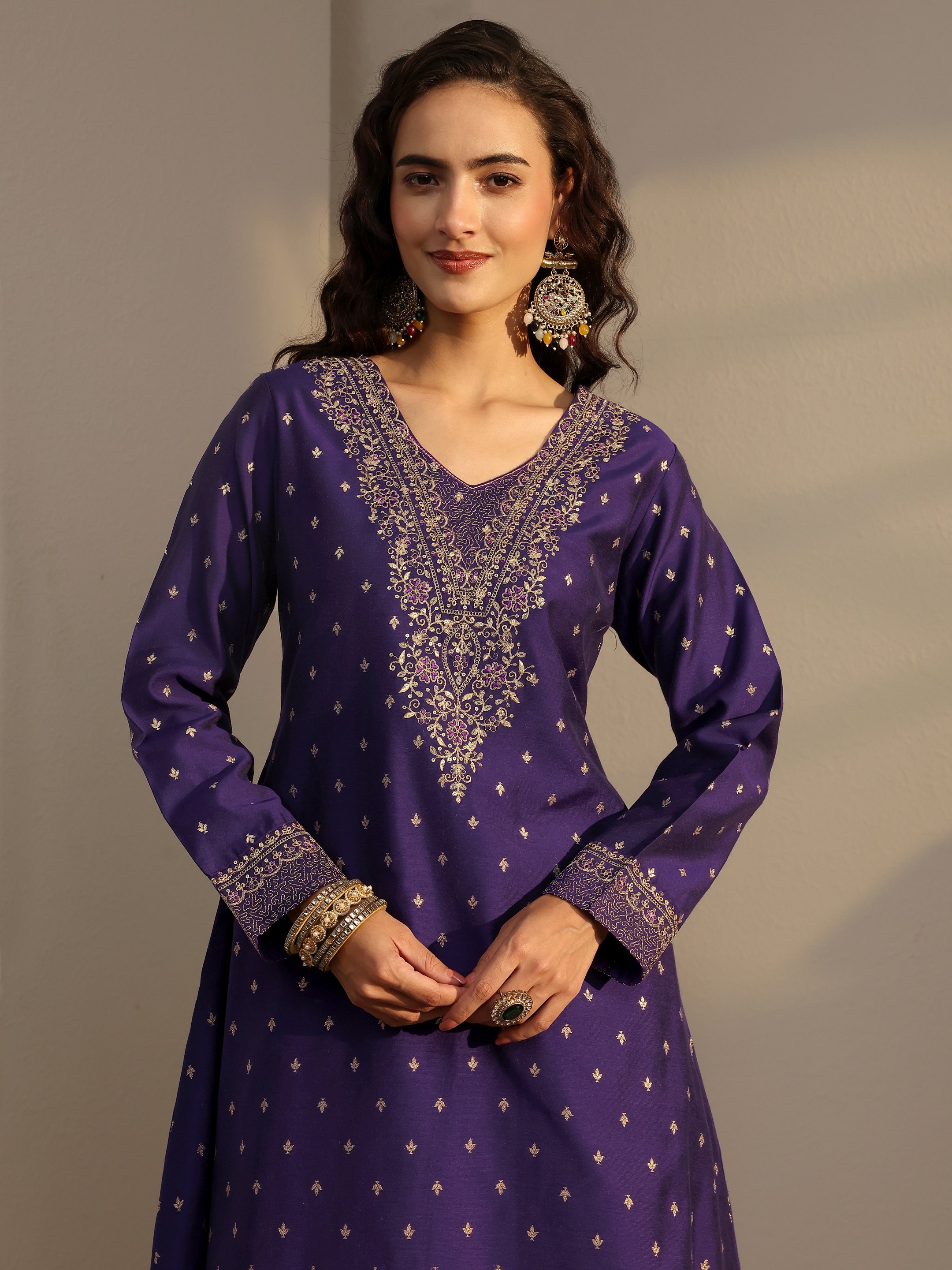 Regal Purple Silk Blend A-Line Kurta Set with Woven Design and Dupatta