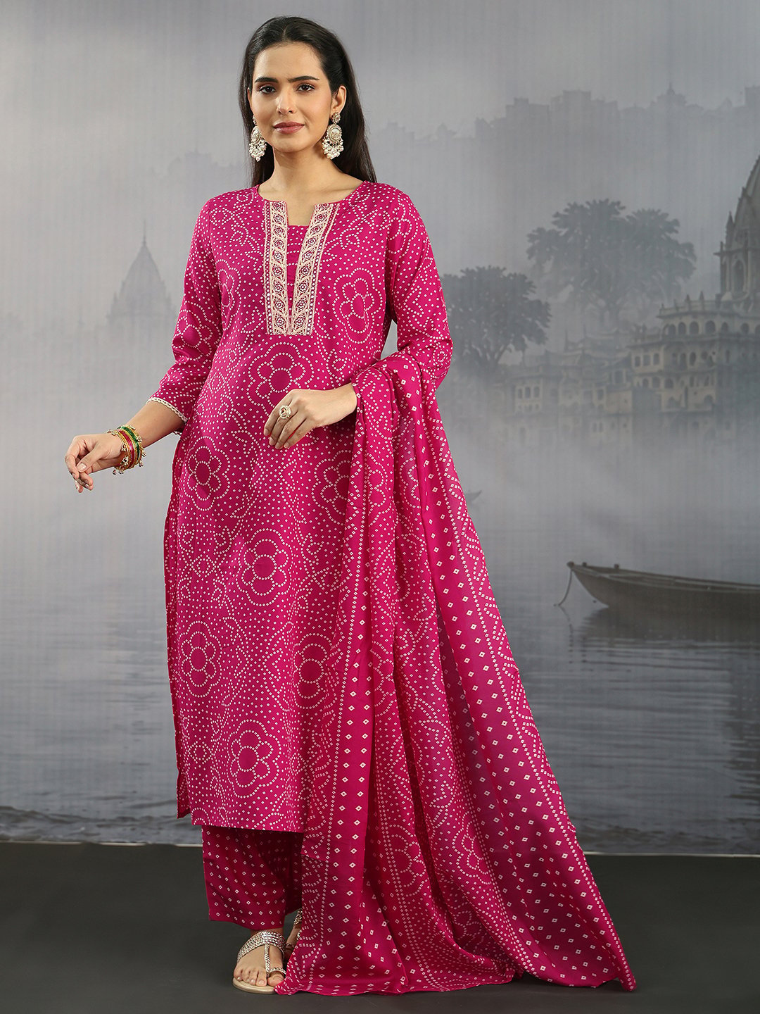 Pink Bandhani Notch Neck Kurta Set with Dupatta