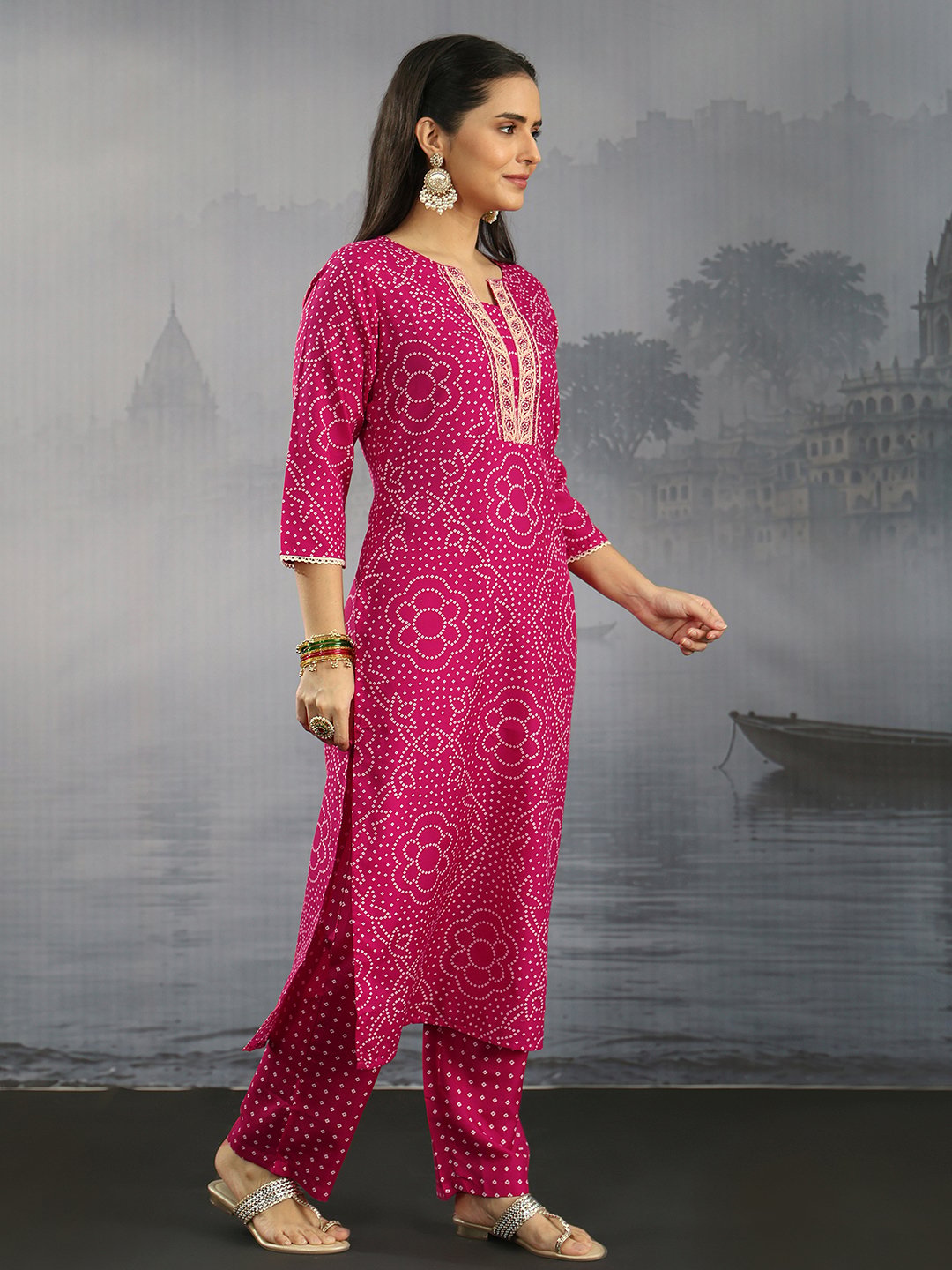 Pink Bandhani Notch Neck Kurta Set with Dupatta