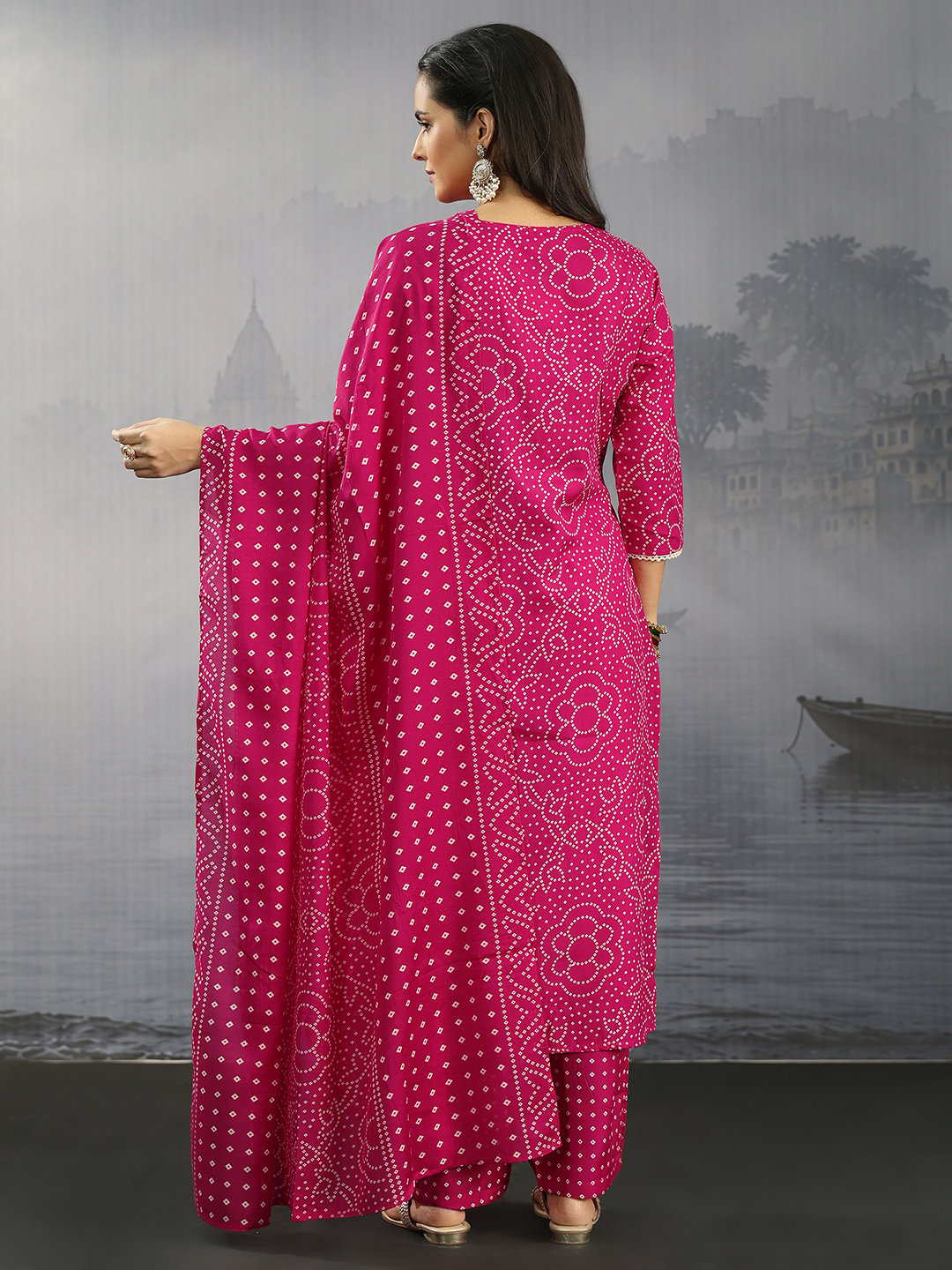 Pink Bandhani Notch Neck Kurta Set with Dupatta