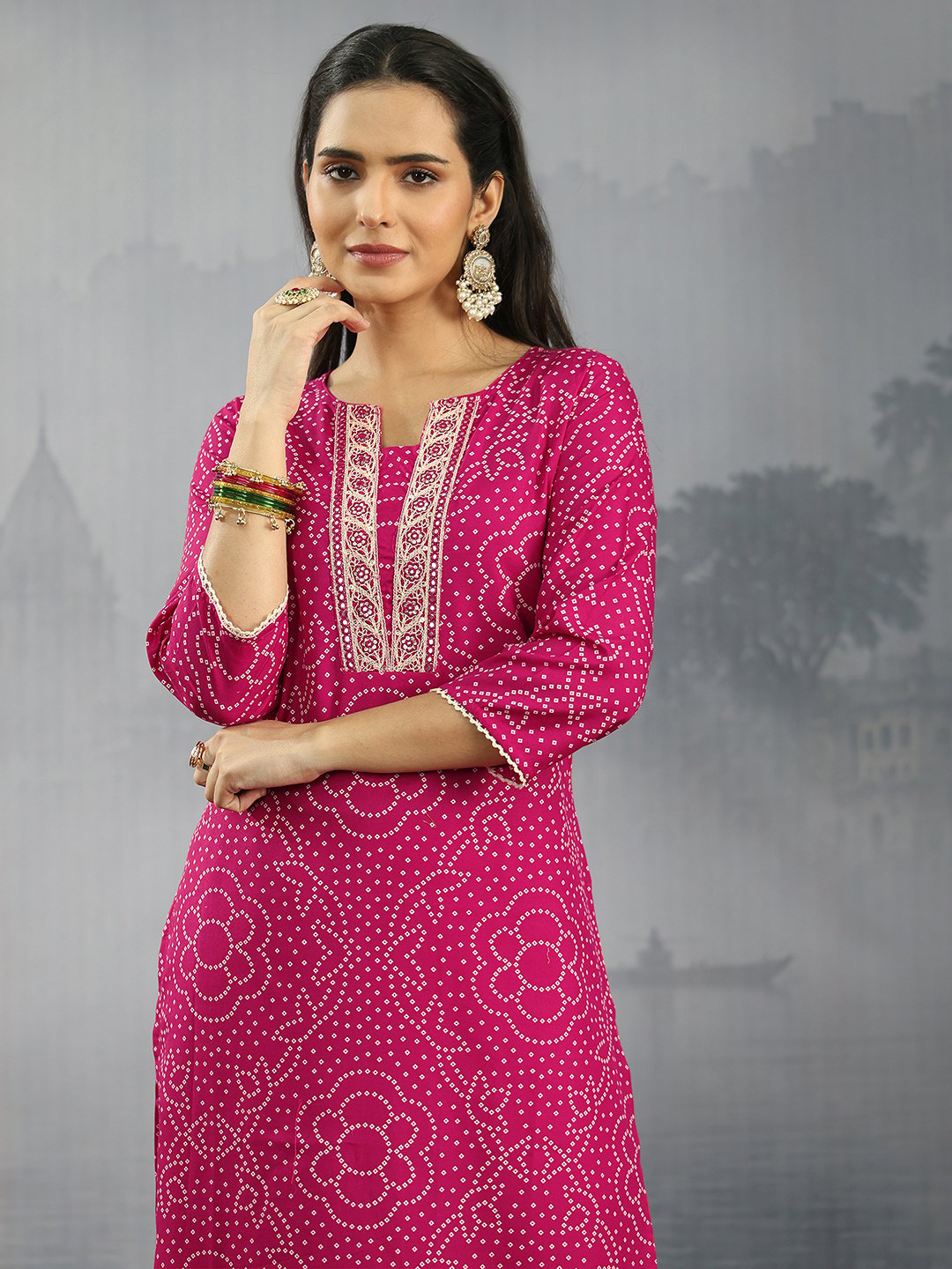 Pink Bandhani Notch Neck Kurta Set with Dupatta