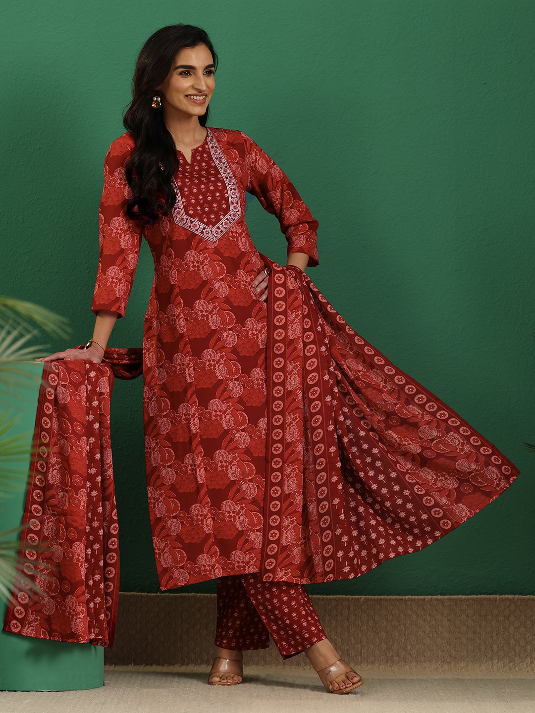 Maroon Printed Cotton Blend Kurta Set with Straight Pants and Dupatta