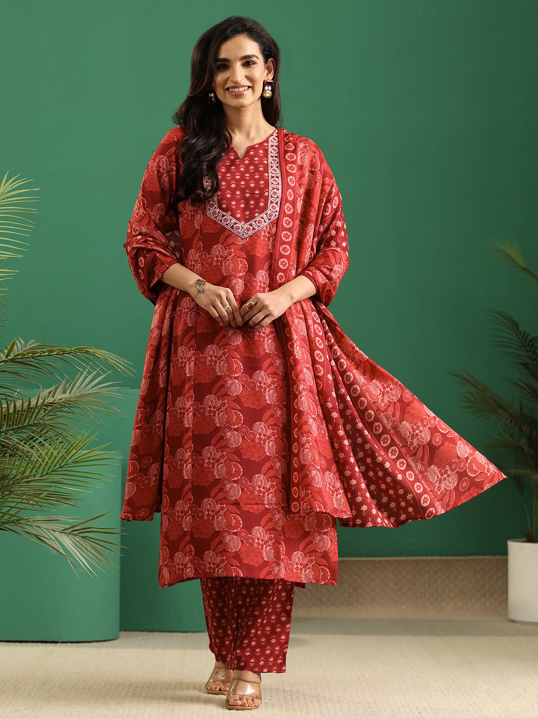 Maroon Printed Cotton Blend Kurta Set with Straight Pants and Dupatta