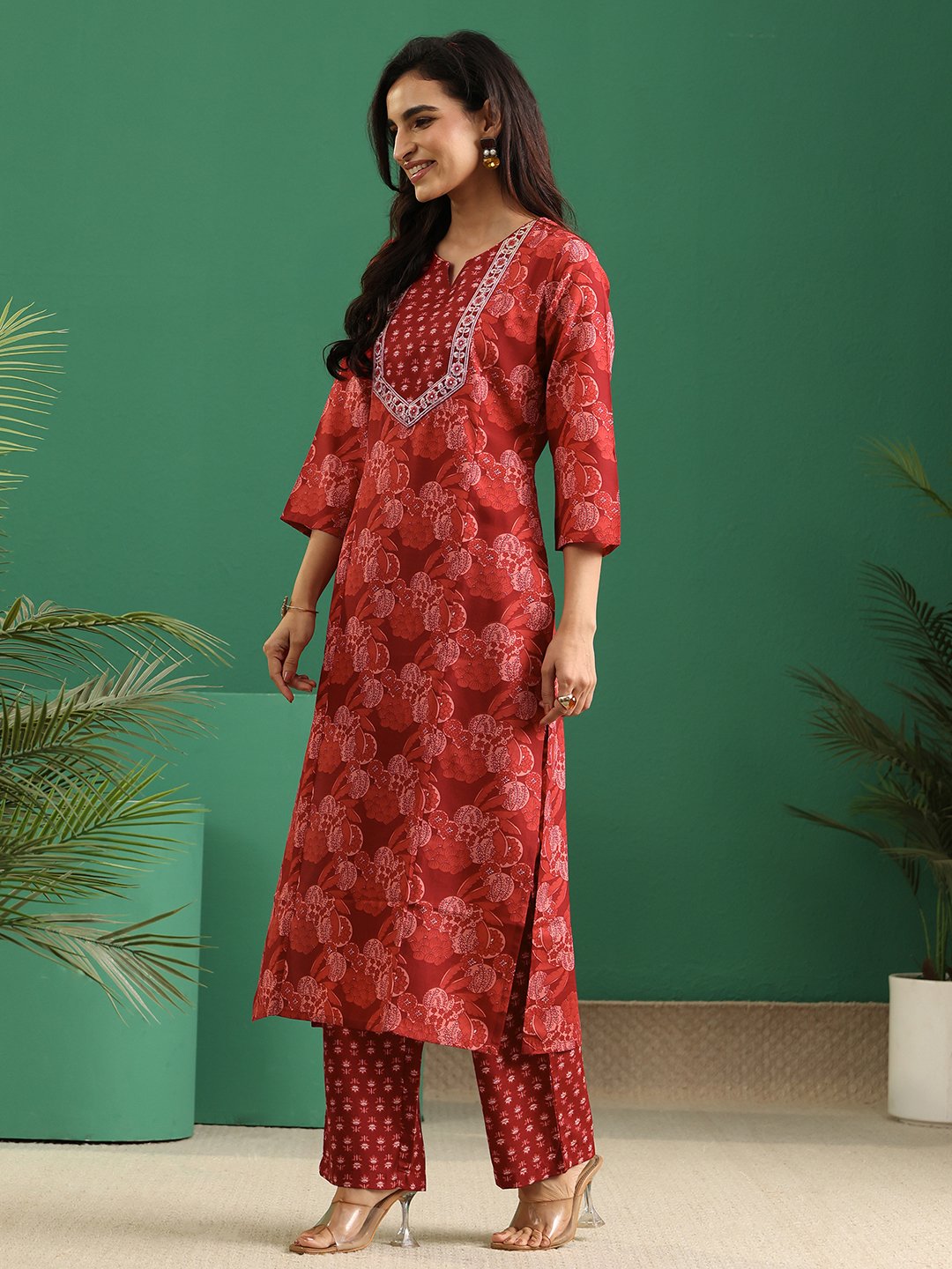 Maroon Printed Cotton Blend Kurta Set with Straight Pants and Dupatta