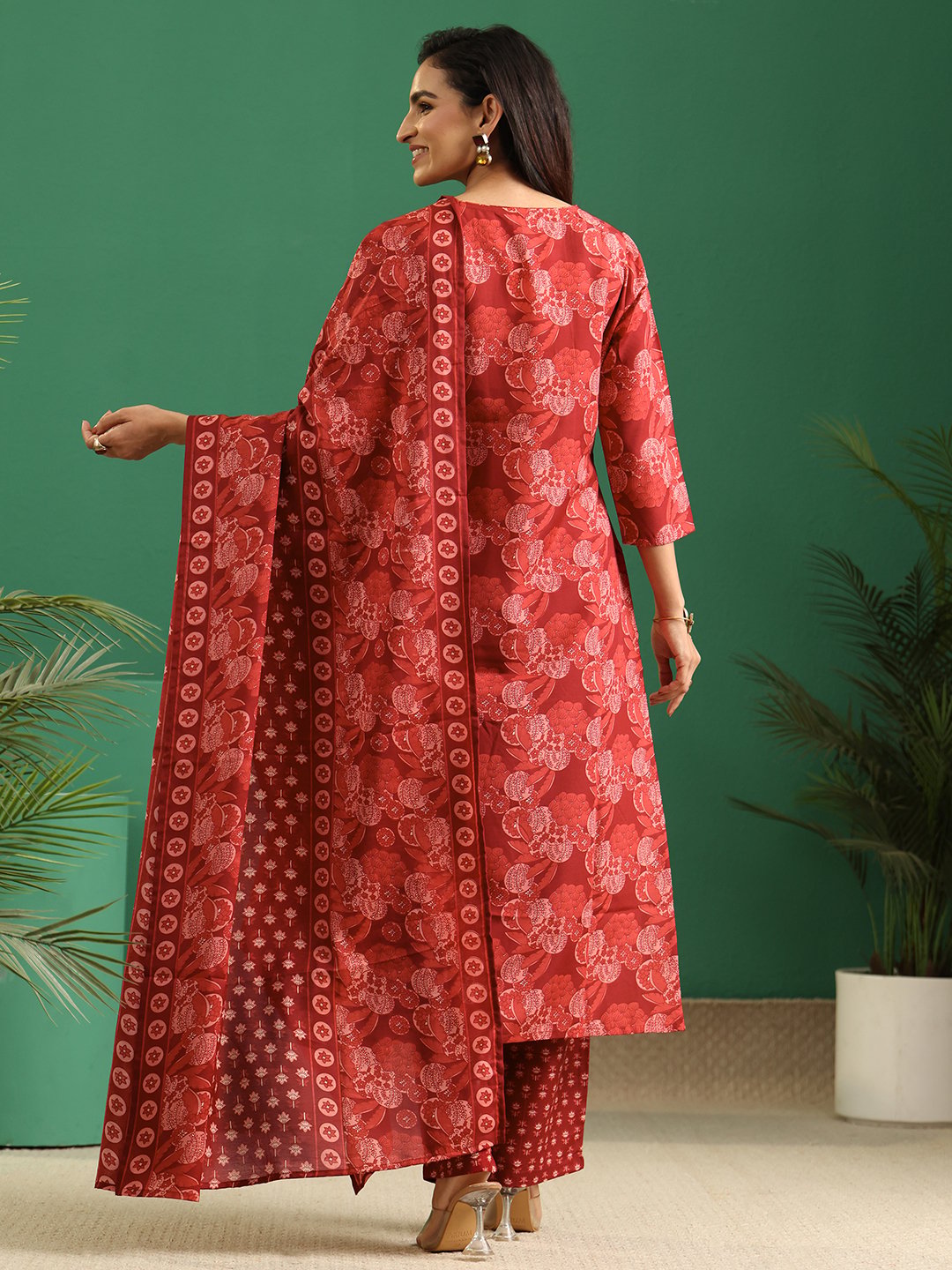 Maroon Printed Cotton Blend Kurta Set with Straight Pants and Dupatta
