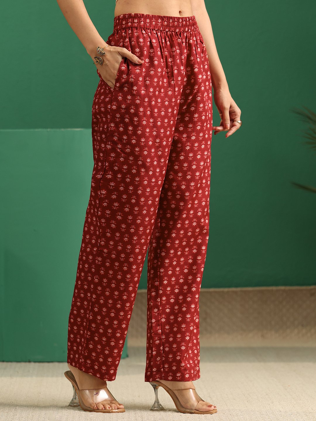 Maroon Printed Cotton Blend Kurta Set with Straight Pants and Dupatta