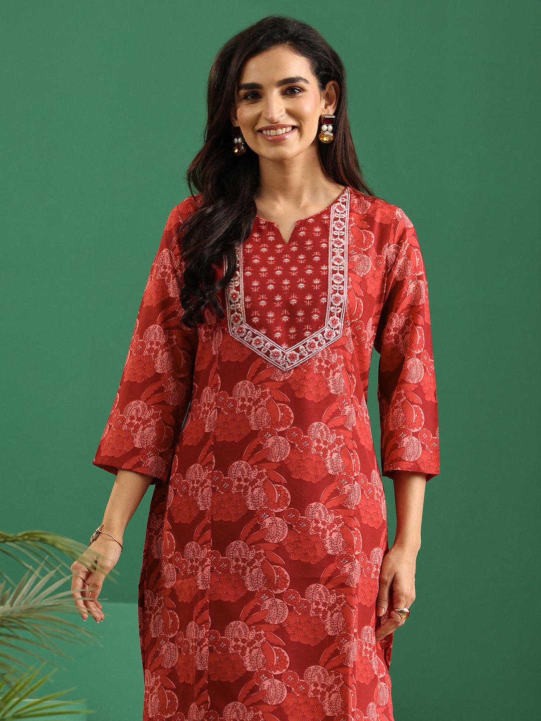 Maroon Printed Cotton Blend Kurta Set with Straight Pants and Dupatta