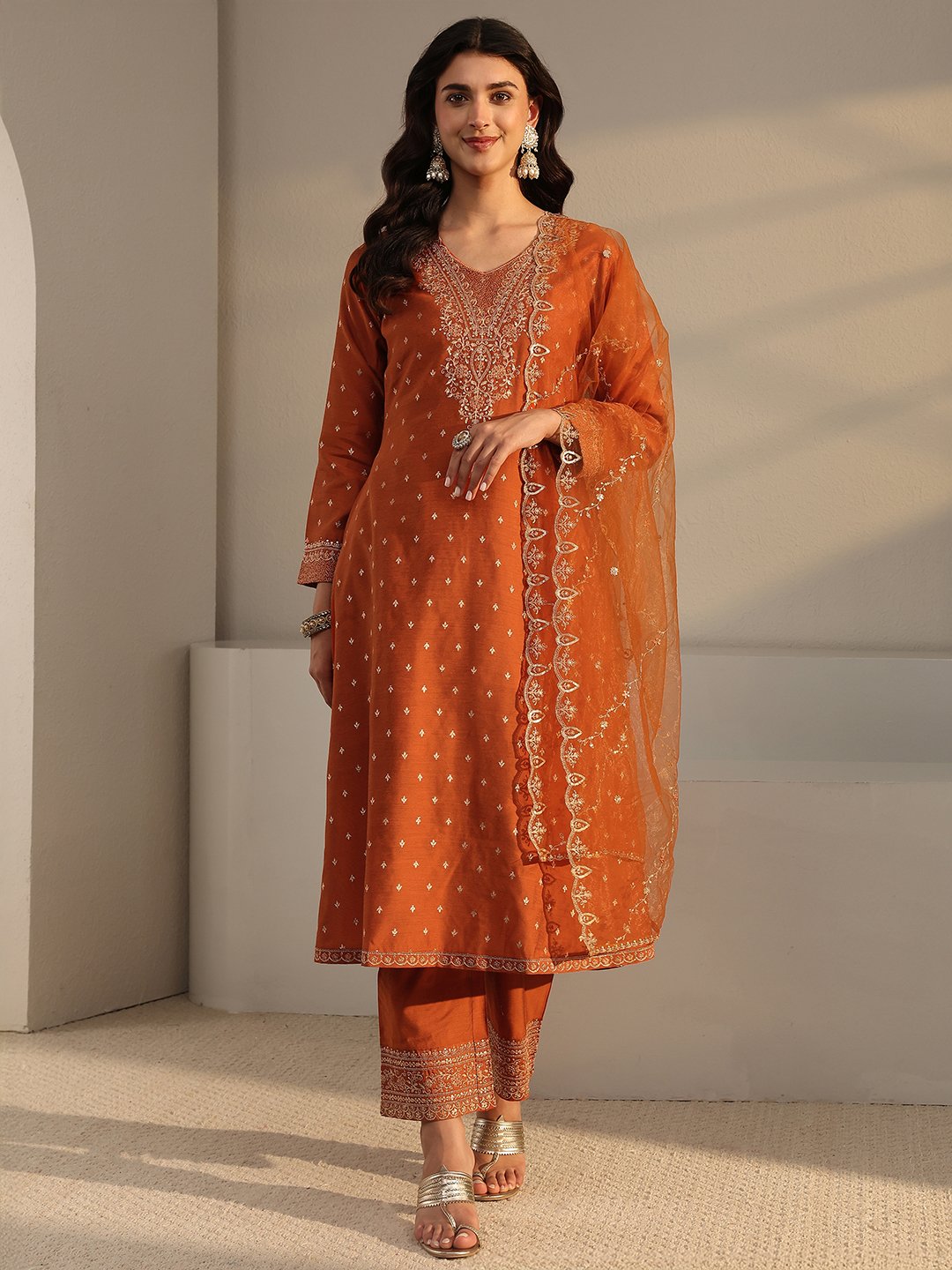 Rust Embroidered Silk Blend Kurta Set with Dupatta