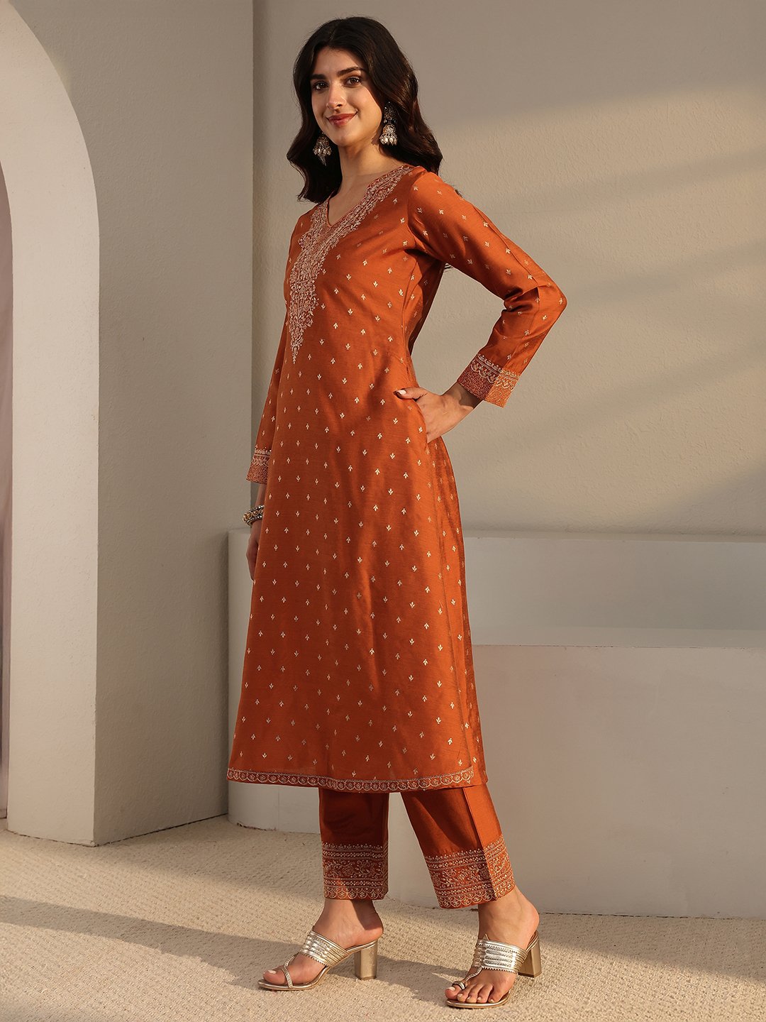 Rust Embroidered Silk Blend Kurta Set with Dupatta