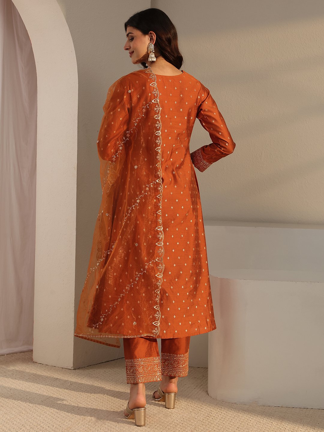Rust Embroidered Silk Blend Kurta Set with Dupatta