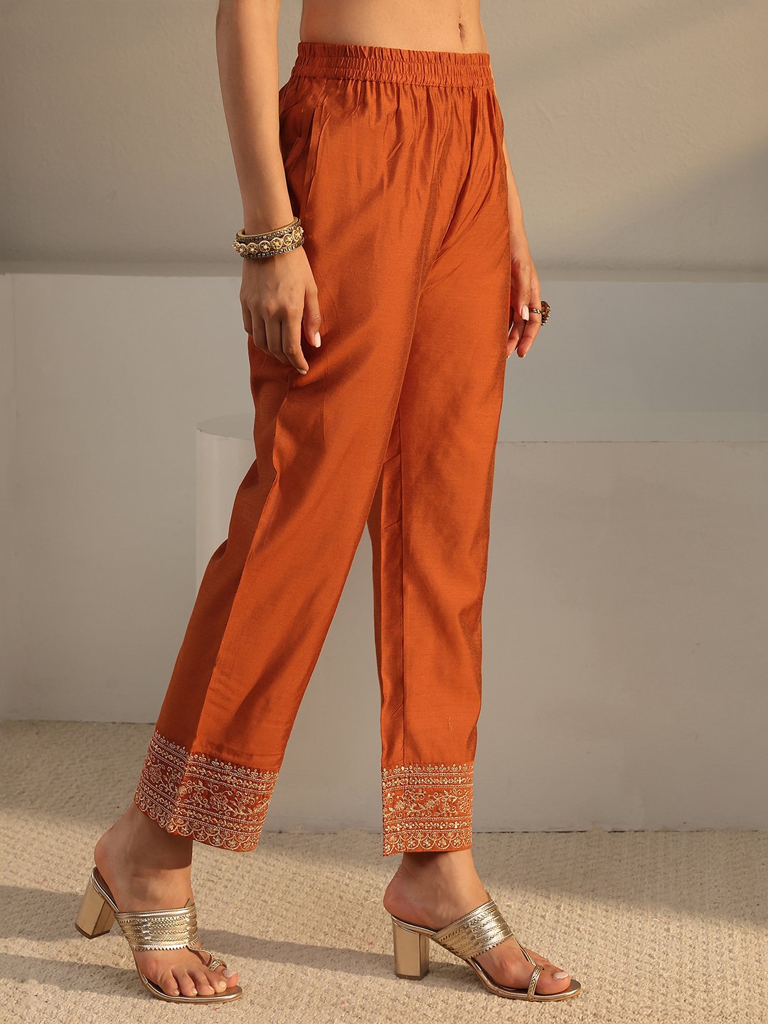 Rust Embroidered Silk Blend Kurta Set with Dupatta