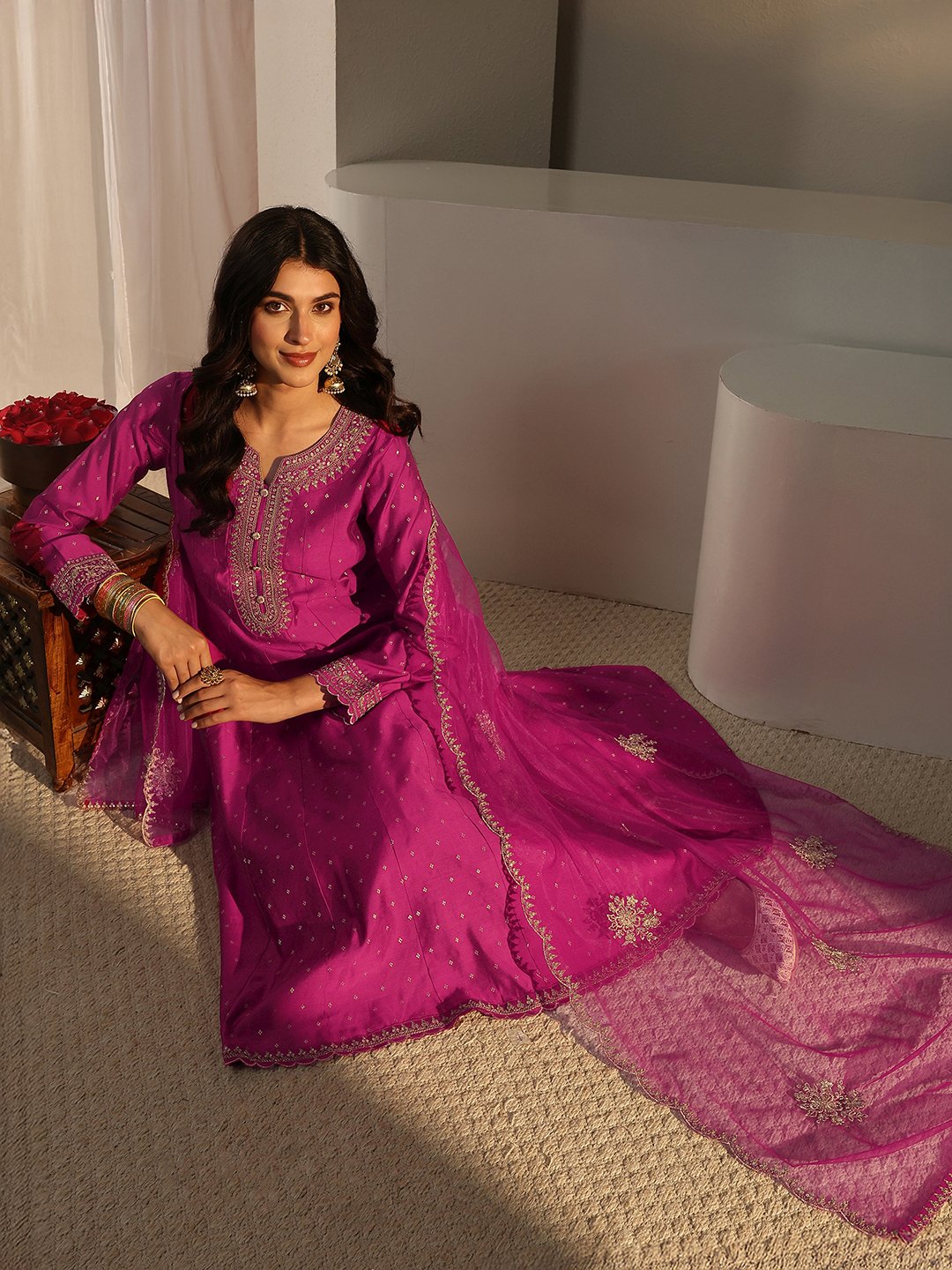 Pink Embroidered Anarkali Kurta Set with Dupatta