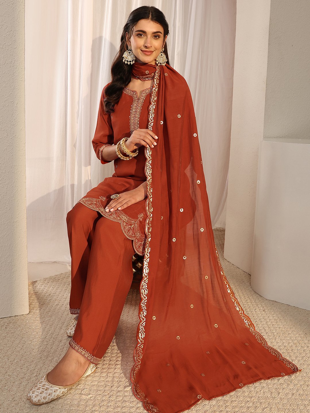 Rust Embroidered Notch Neck Kurta Set with Straight Pants and Dupatta