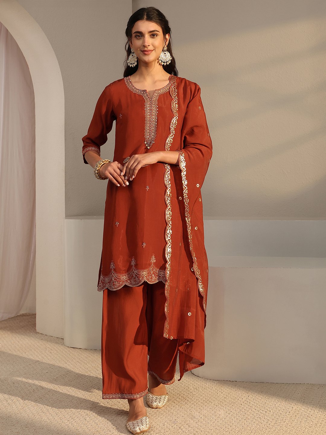Rust Embroidered Notch Neck Kurta Set with Straight Pants and Dupatta