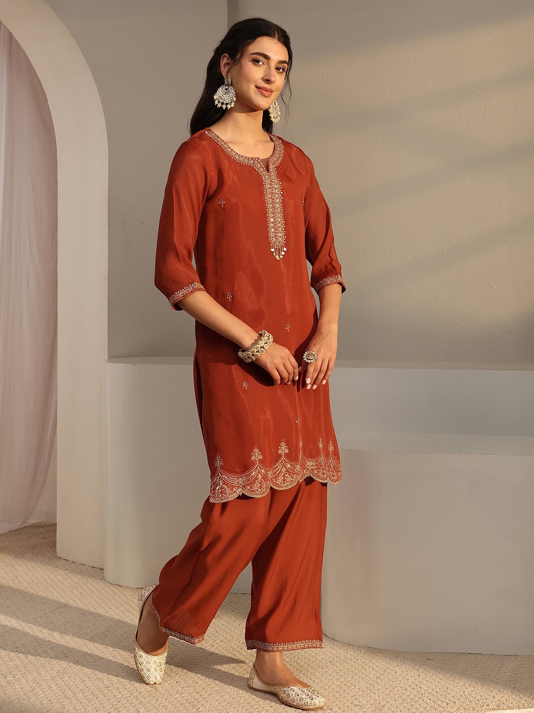 Rust Embroidered Notch Neck Kurta Set with Straight Pants and Dupatta