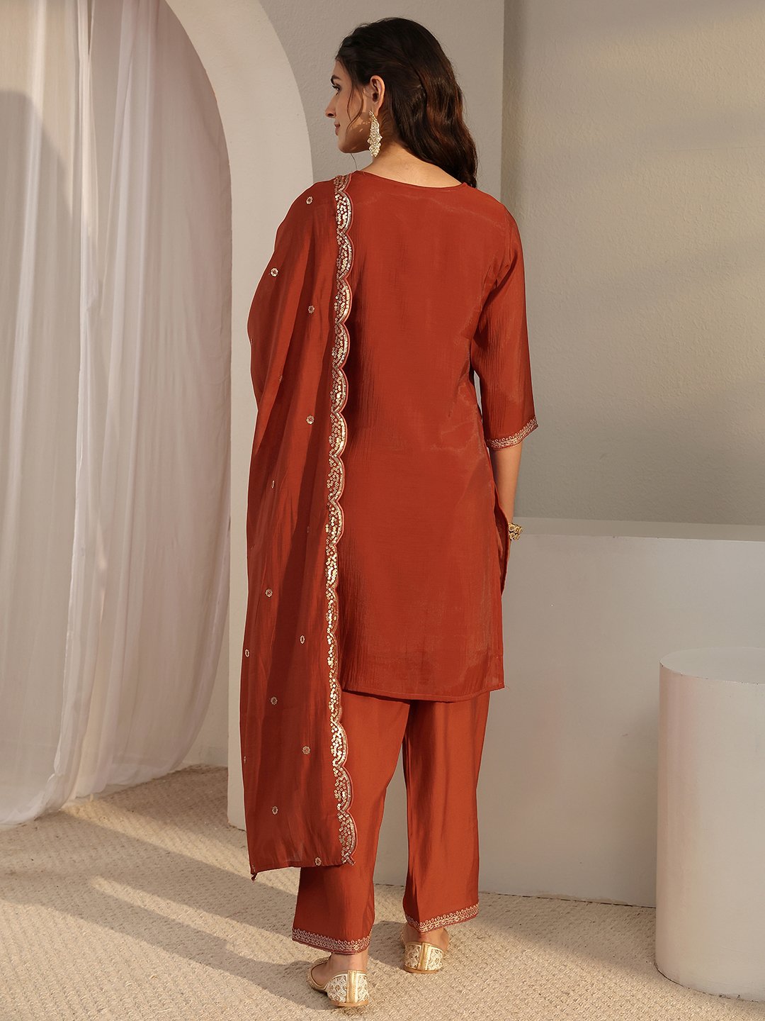 Rust Embroidered Notch Neck Kurta Set with Straight Pants and Dupatta