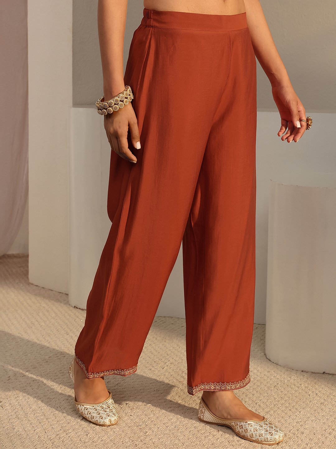 Rust Embroidered Notch Neck Kurta Set with Straight Pants and Dupatta
