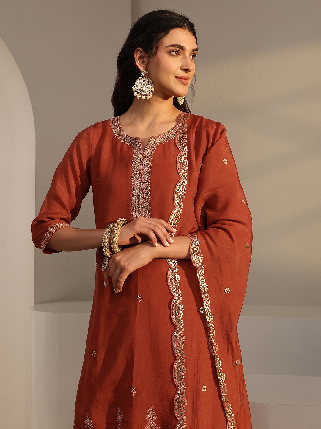 Rust Embroidered Notch Neck Kurta Set with Straight Pants and Dupatta