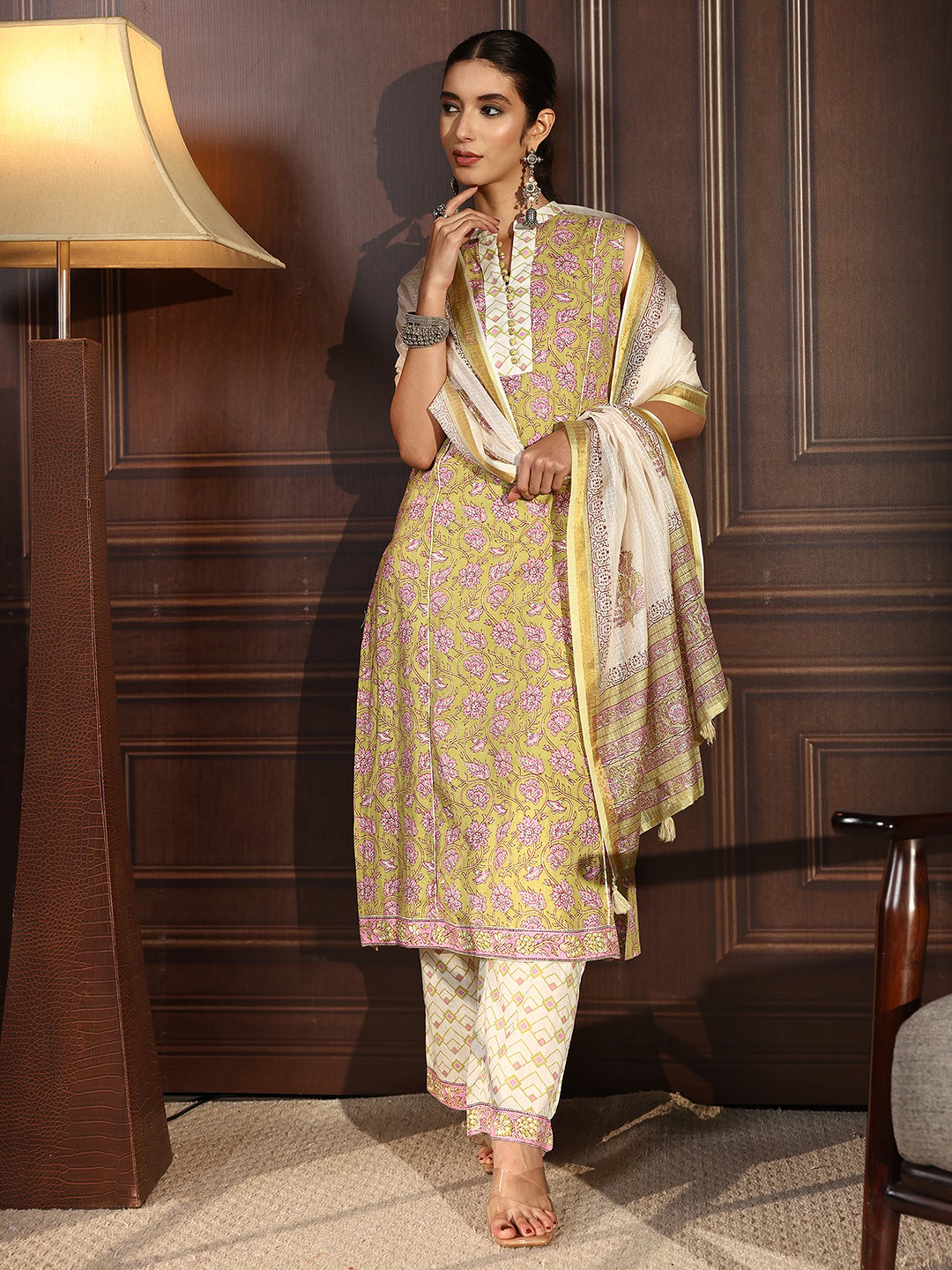 Green Printed Cotton Sleeveless Kurta Set with Dupatta