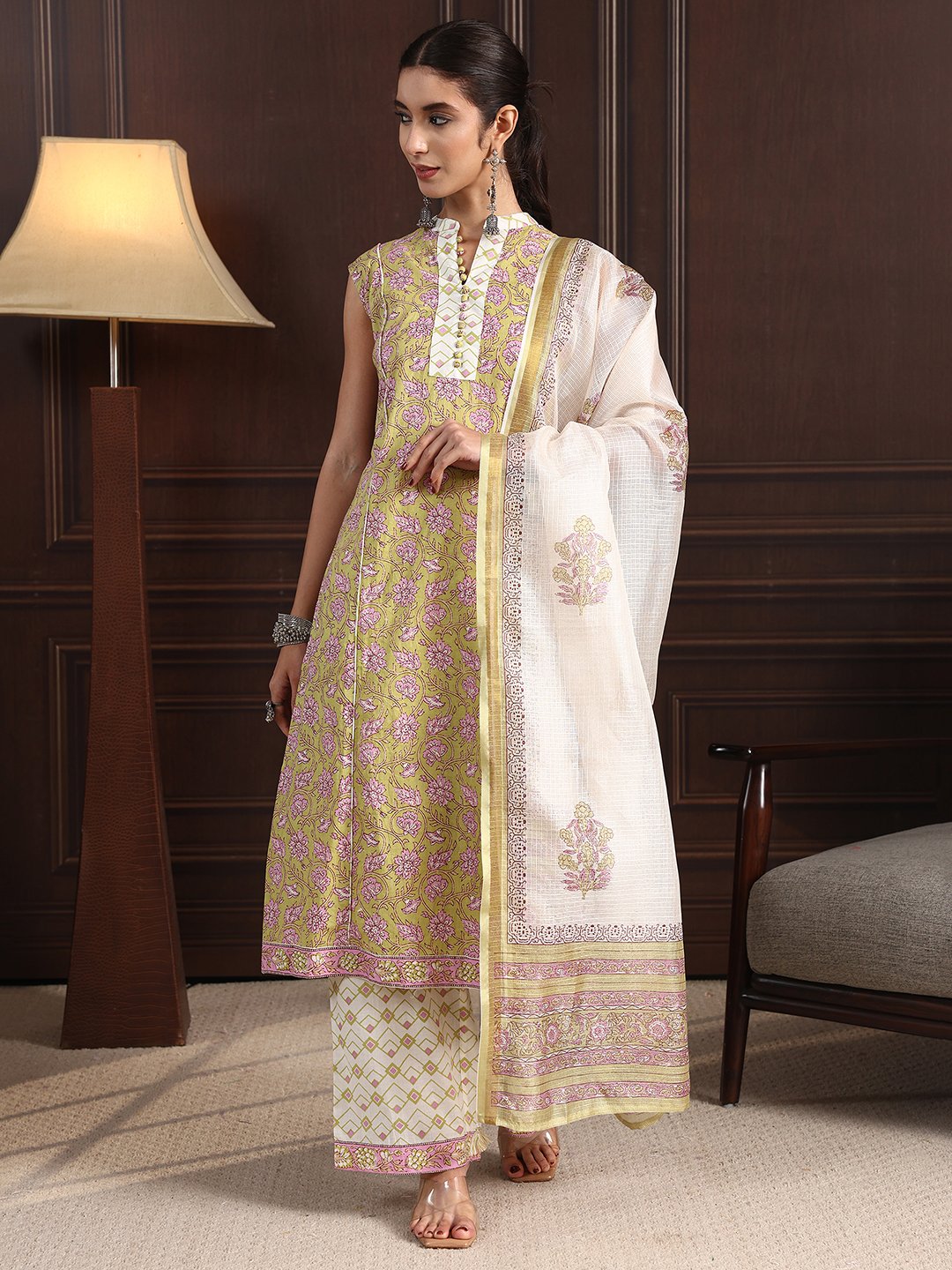 Green Printed Cotton Sleeveless Kurta Set with Dupatta