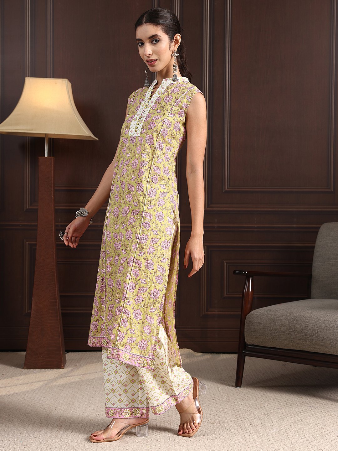 Green Printed Cotton Sleeveless Kurta Set with Dupatta