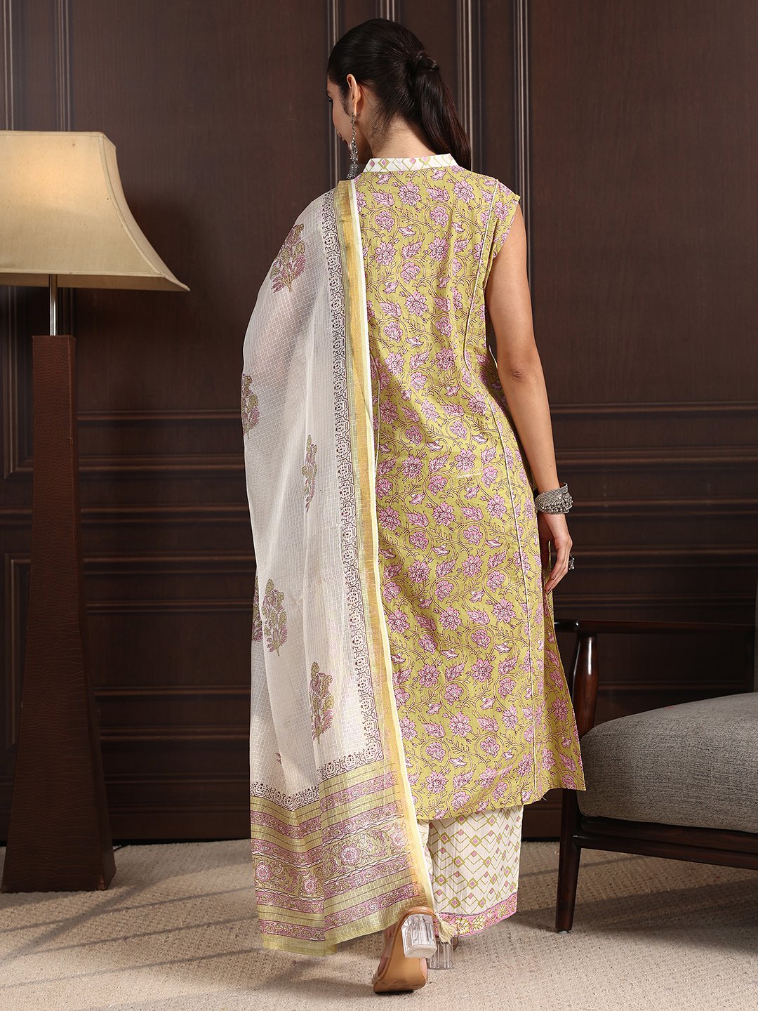 Green Printed Cotton Sleeveless Kurta Set with Dupatta