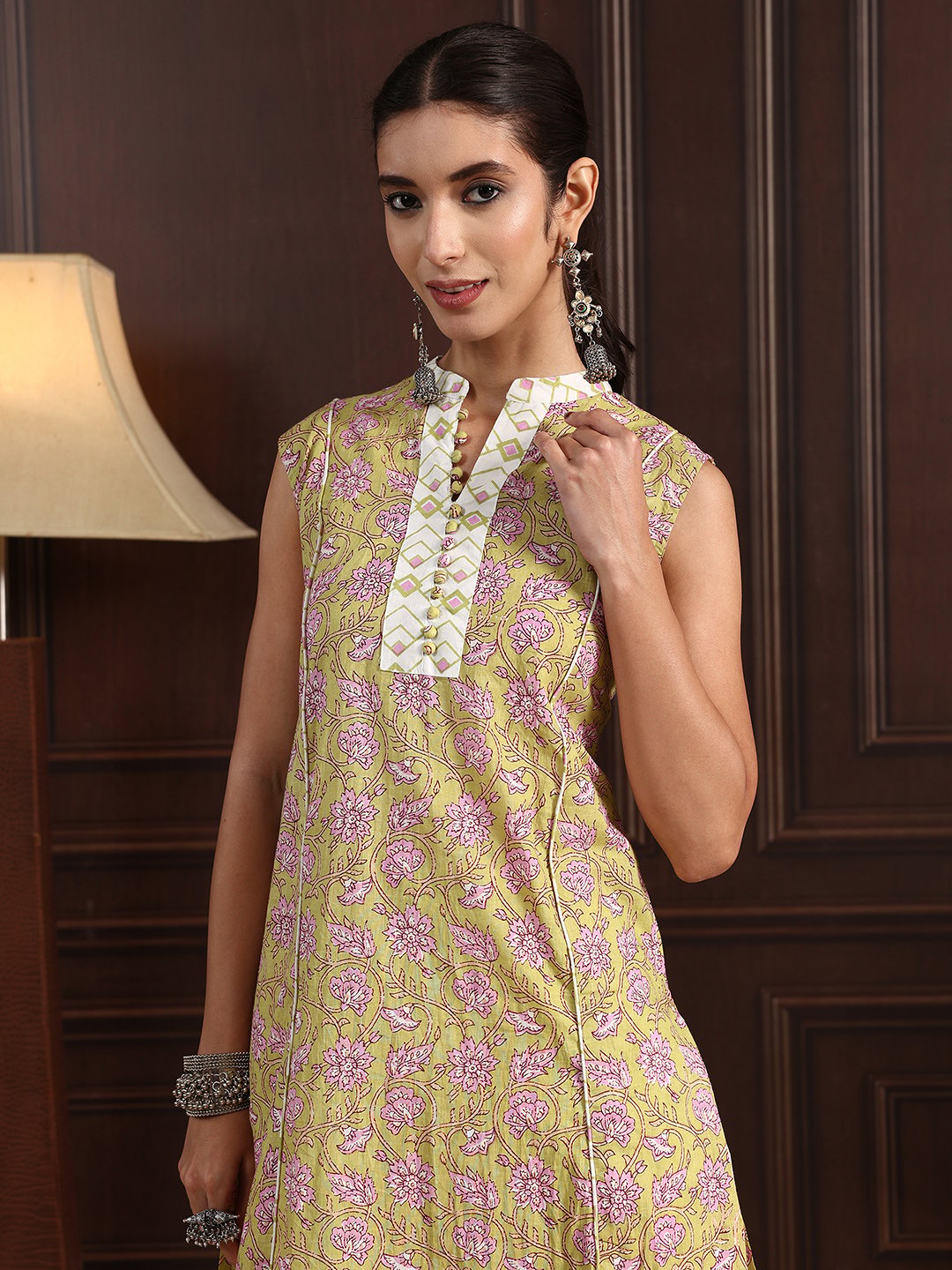 Green Printed Cotton Sleeveless Kurta Set with Dupatta