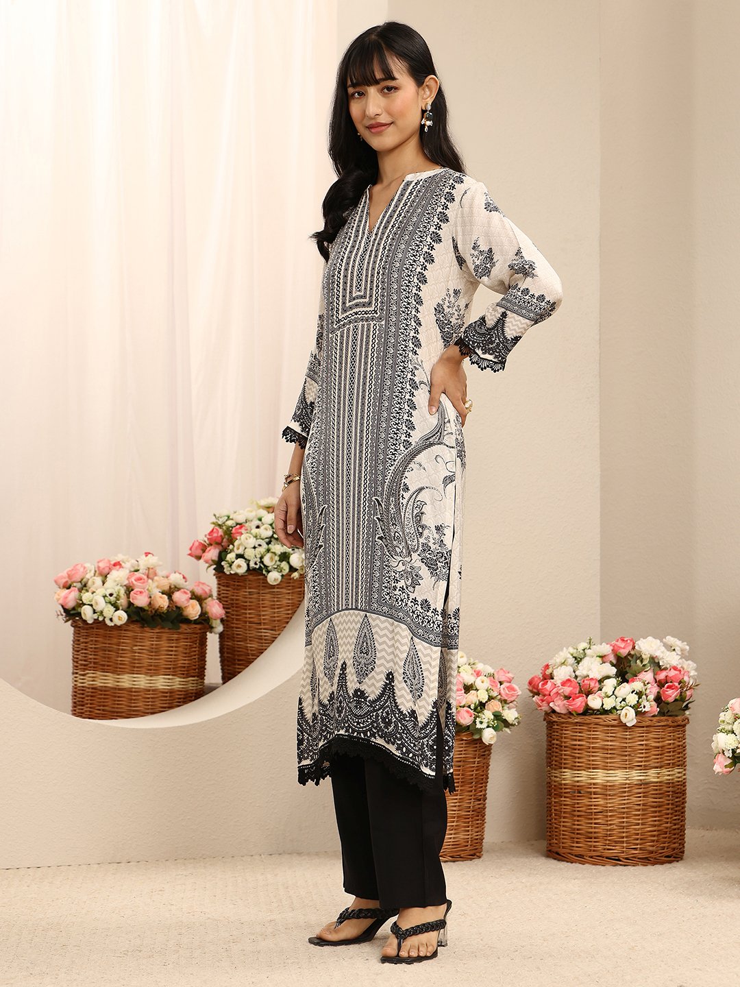White Muslin Printed Kurta Set with Trousers