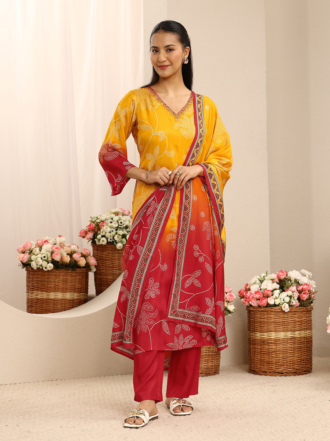Mustard and Red Floral Printed Kurta Set with Dupatta