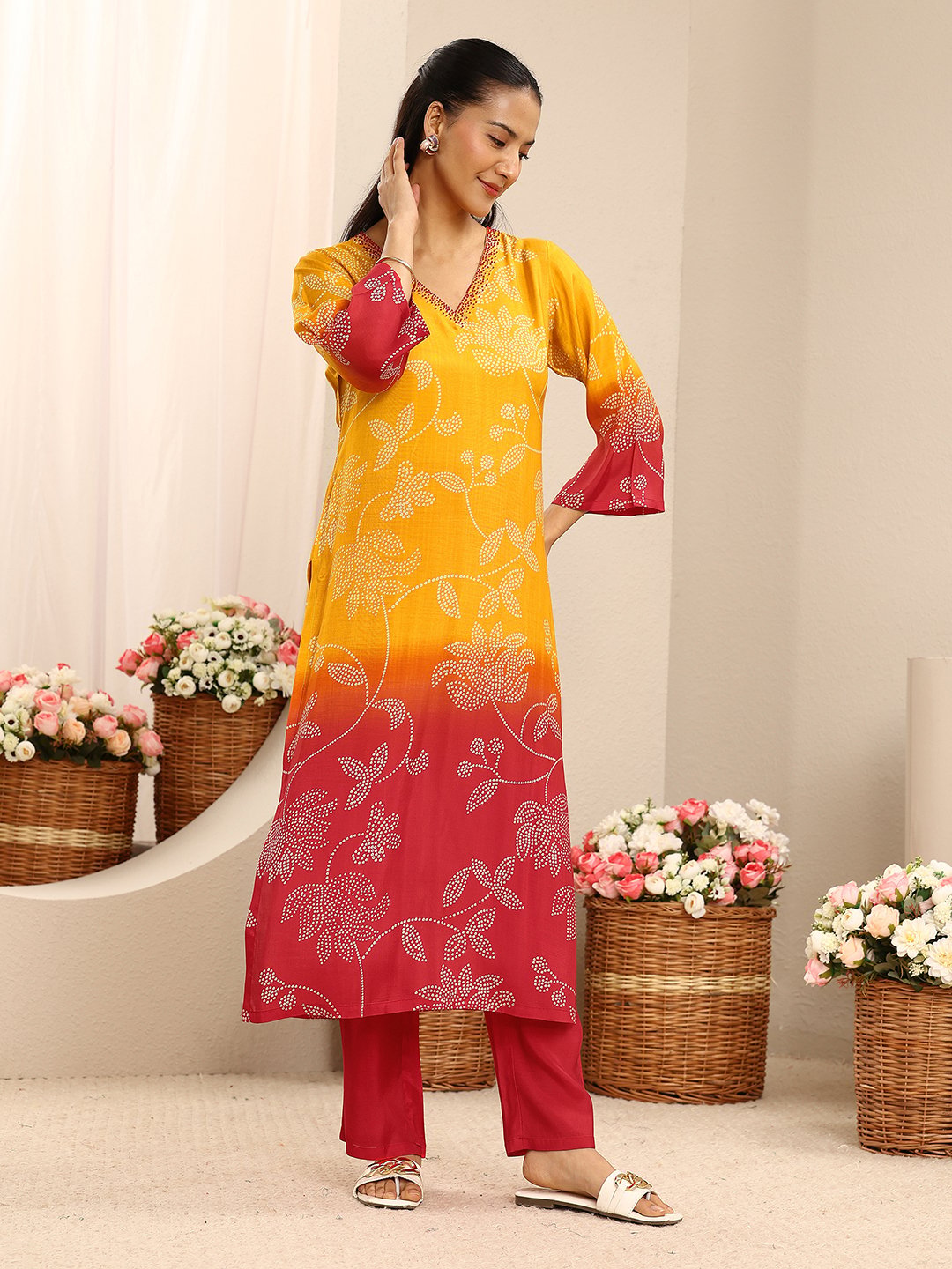 Mustard and Red Floral Printed Kurta Set with Dupatta