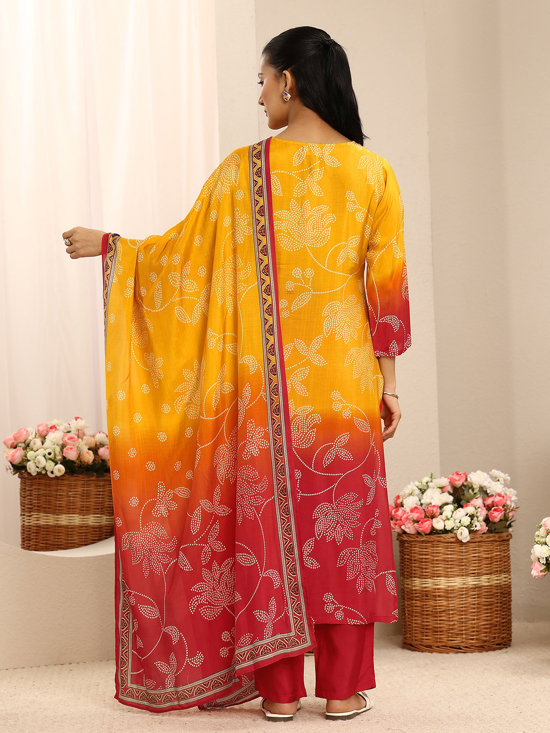Mustard and Red Floral Printed Kurta Set with Dupatta