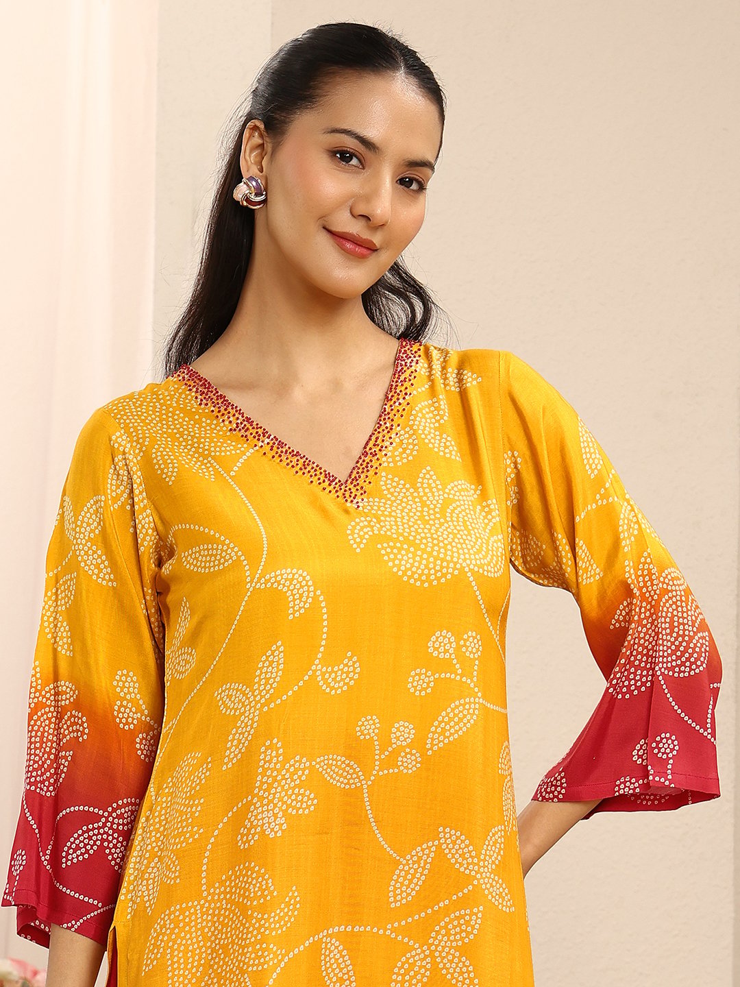 Mustard and Red Floral Printed Kurta Set with Dupatta