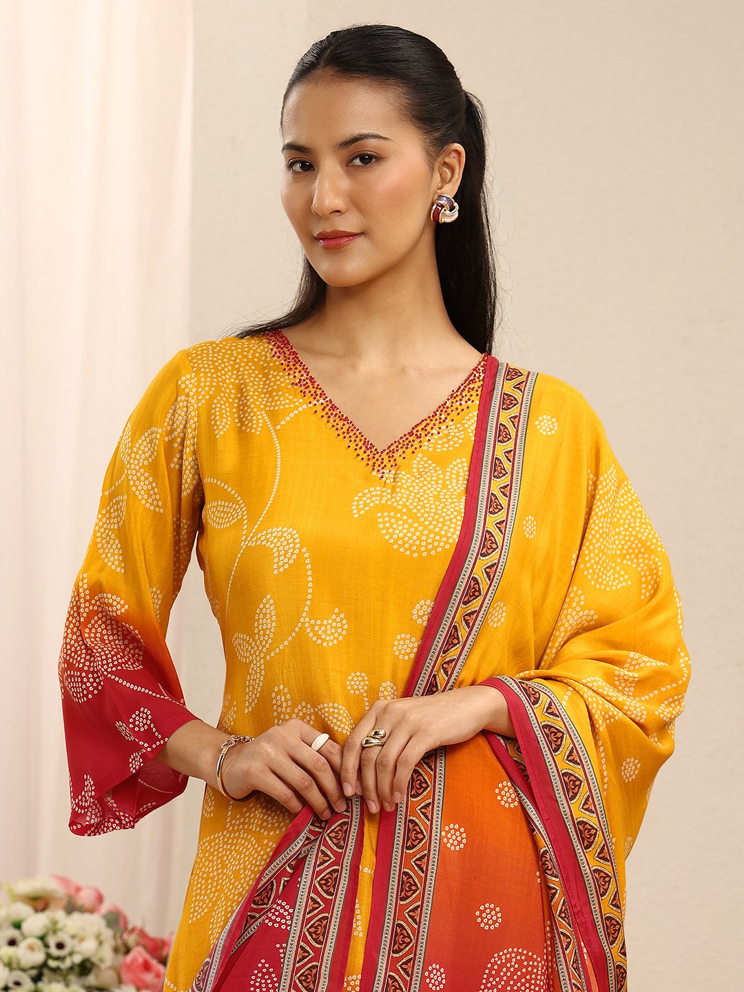 Mustard and Red Floral Printed Kurta Set with Dupatta